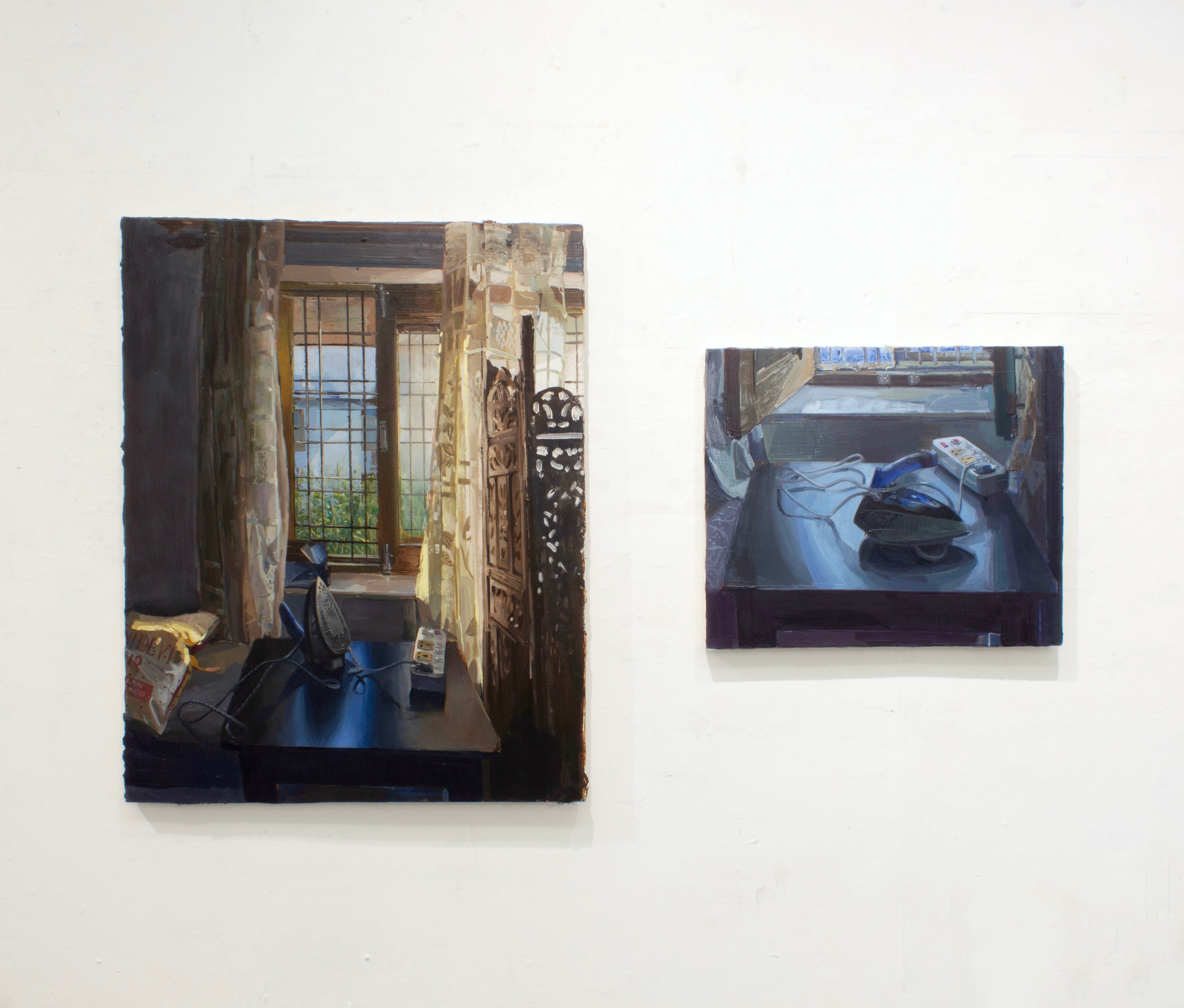 Two paintings of an iron on a table next to a window with curtains and a cable attached to a utility board.