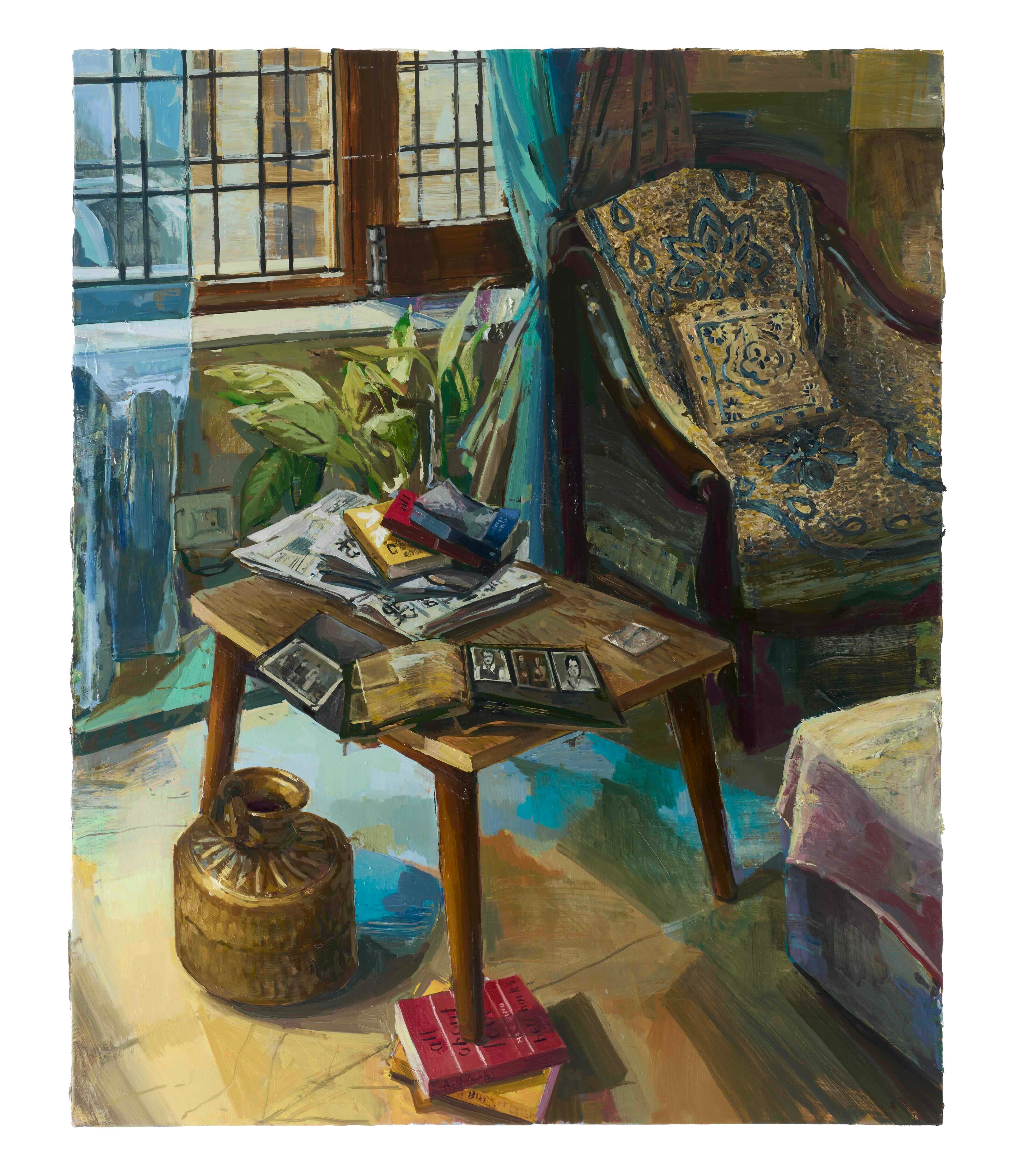Still Life of a copper pot under a table near a window. Table leg is propped up by books underneath.