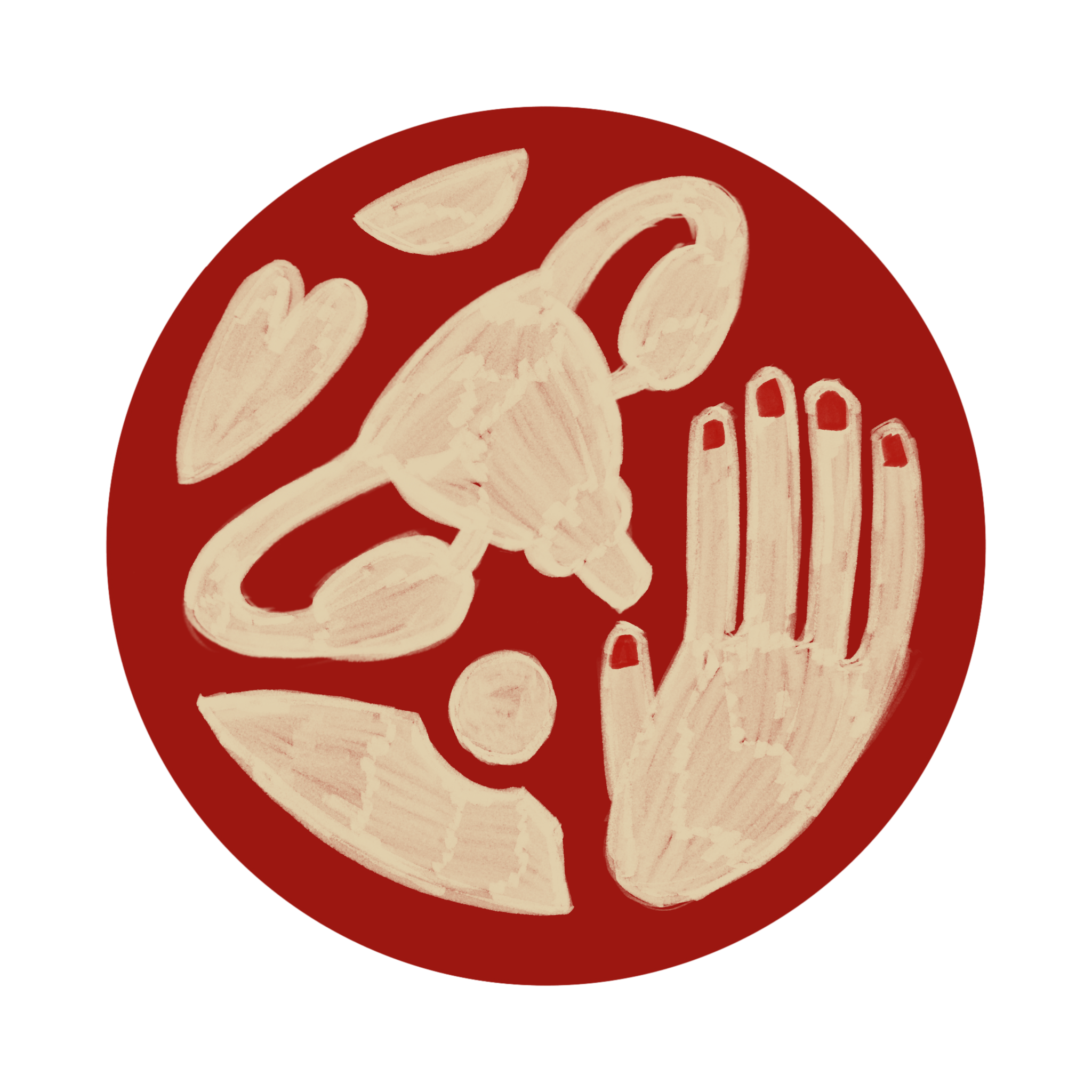 Hand-painted circular seal rendered in deep crimson and warm cream. The composition features a uterus, a raised open hand with red nails, a heart, and a small circle, arranged in a flowing, symbolic grouping. The original artwork from which all other branded pieces were derived.