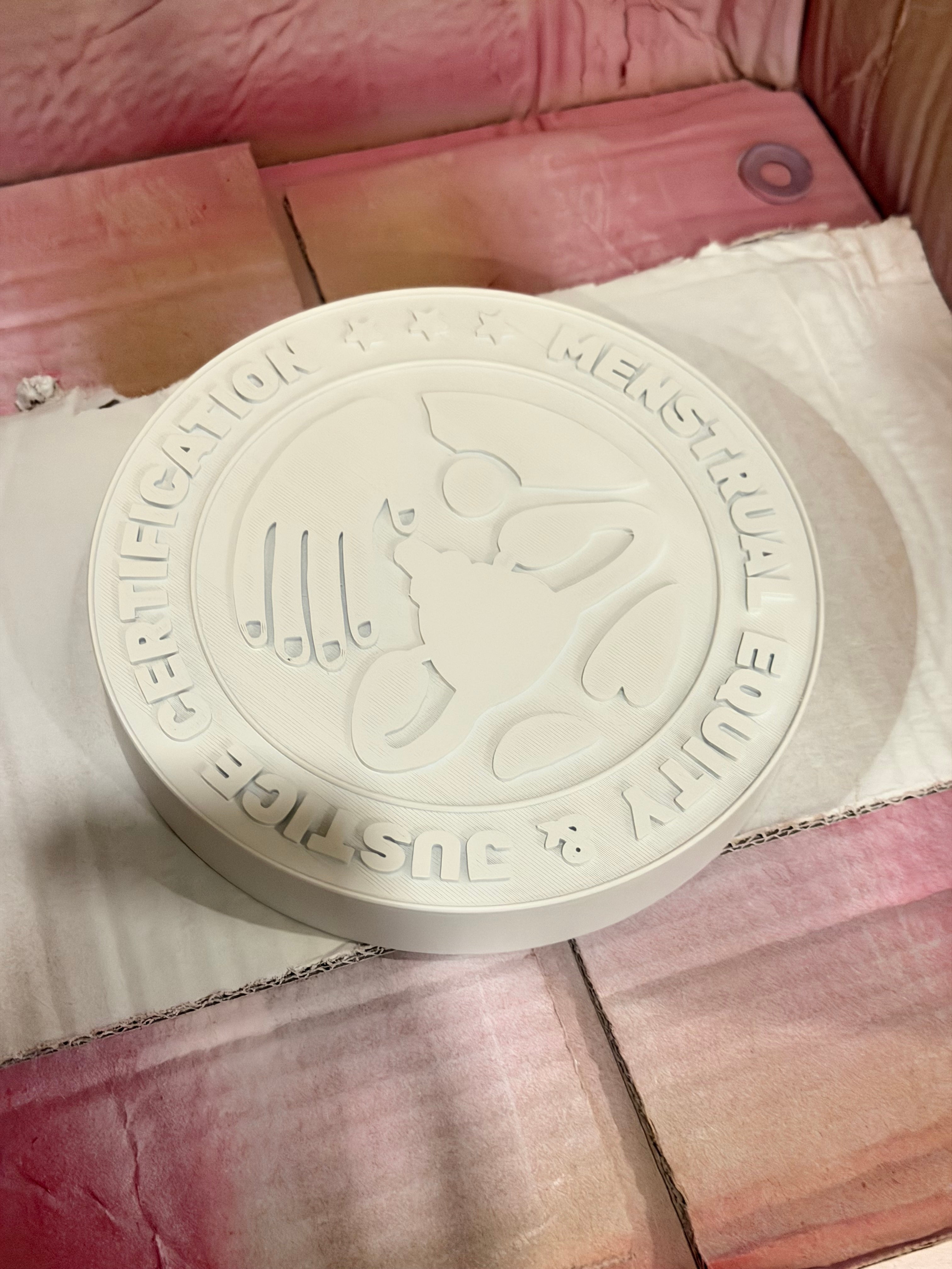 "3D print in white PLA A larger-scale version of the certification disc, resting on tissue paper and cardboard. The raised lettering and central imagery are clearly defined, showing the dimensional depth and layered relief of the 3D print."