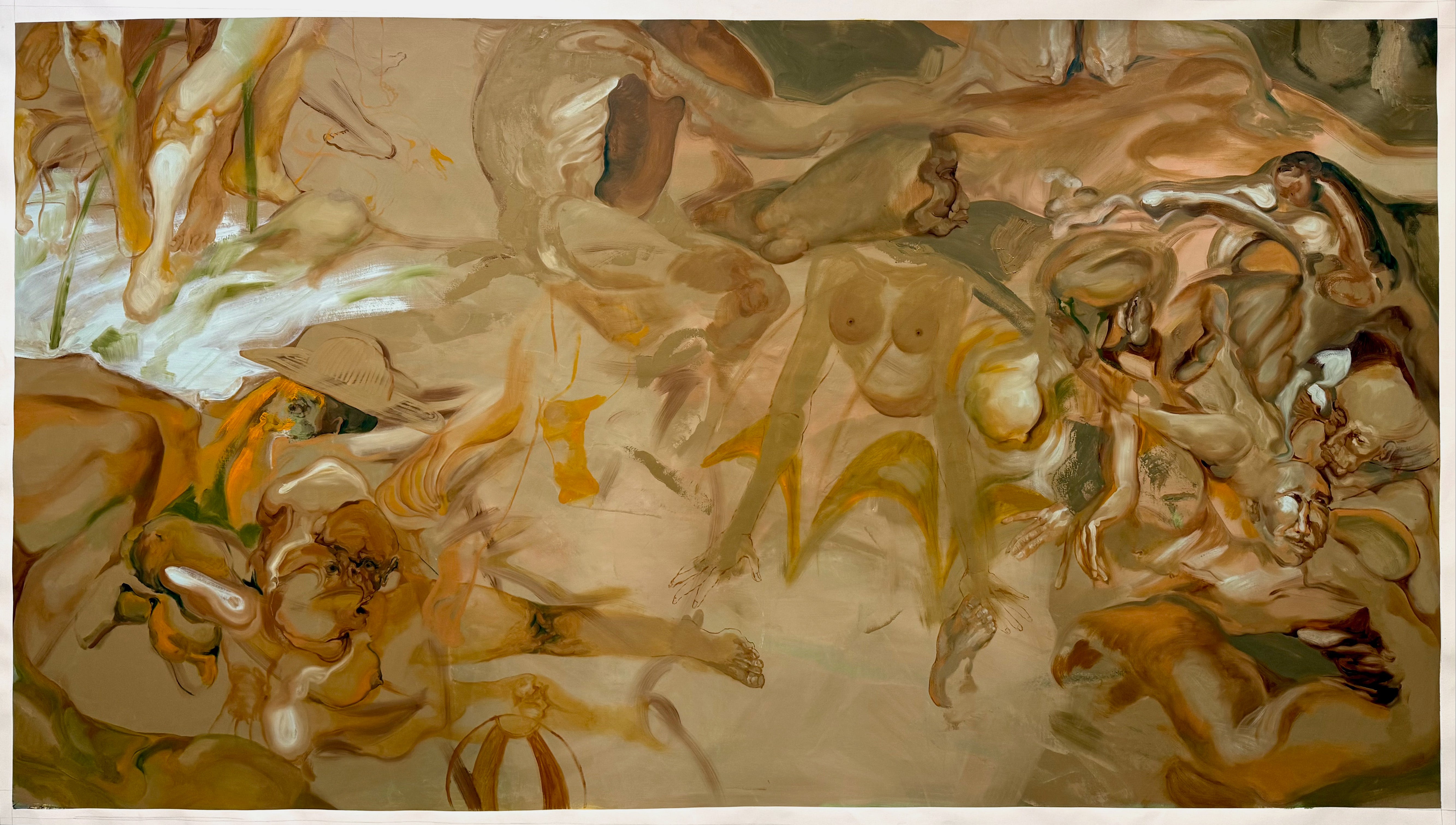 A large horizontal painting describing a beach scene with a primary umber color. Includes description of body both appearing and disappearing to the background. 