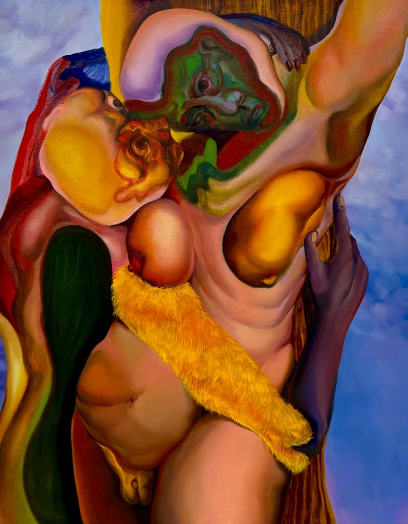 Overlapping human-like figures in vivid colors blending together before a backdrop of blue sky and wood grain.