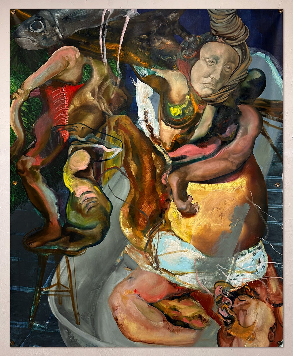 Distorted, multicolored human figures intertwined around a tub, with exaggerated limbs and a sculptural face amid swirling forms.