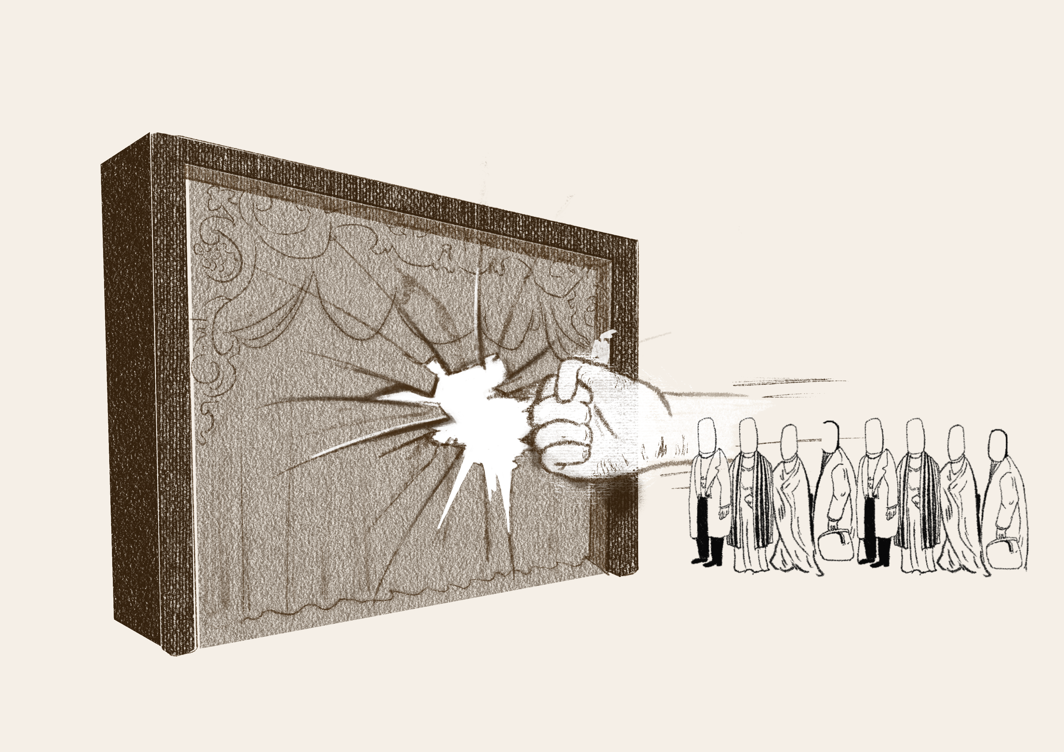 A fist breaks through a proscenium stage, symbolizing how immersive theater dissolves the barrier between audience and performance. Instead of watching from a distance, the audience steps into the space and becomes part of the story.