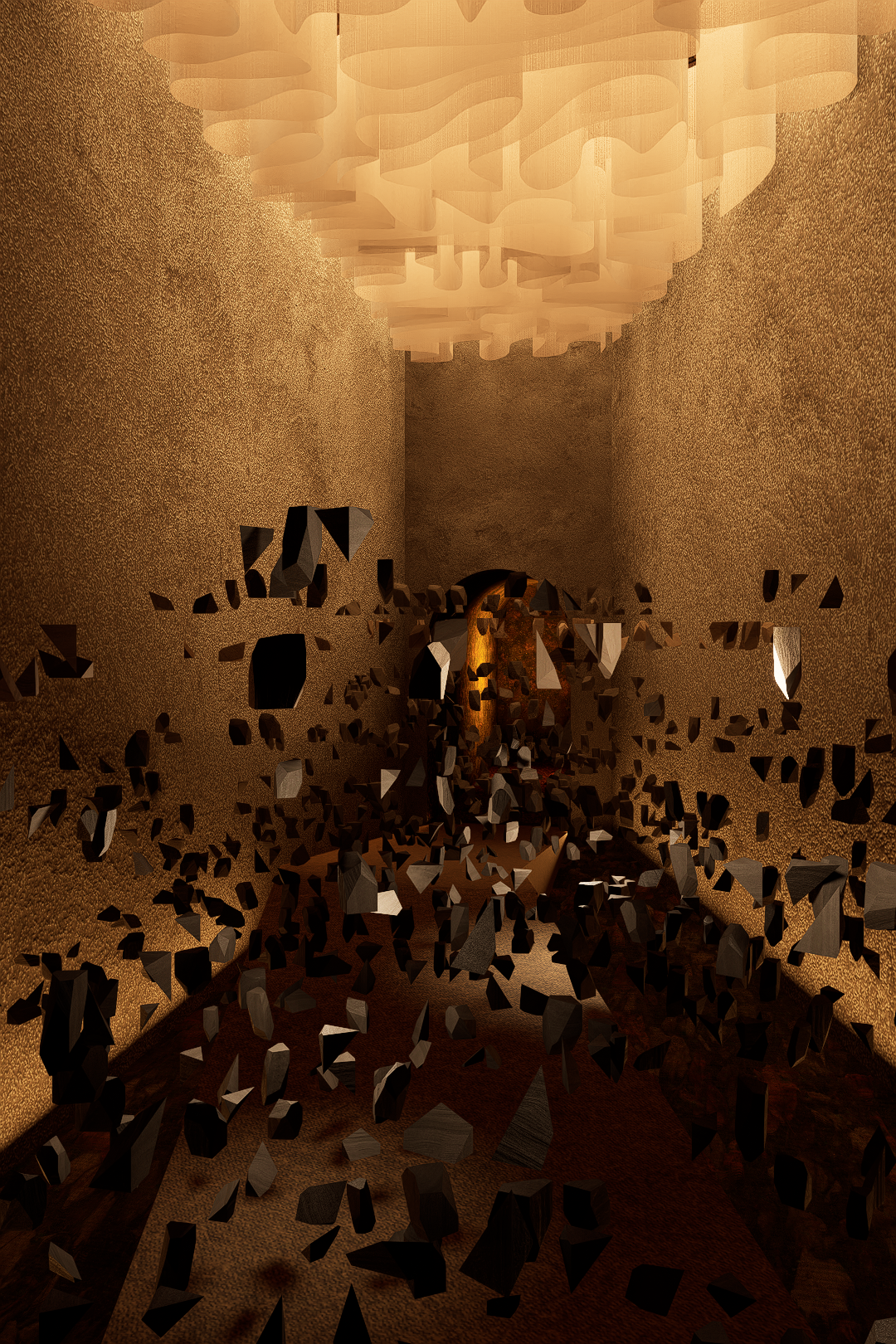 This room translates the exhaustion of Alice's Caucus-Race. The floor is a conveyor belt hidden beneath scattered rock fragments, so every step forward produces no progress. A warm glow from the undulating ceiling above contrasts with the unstable ground, making the body feel futility before the mind understands why.
