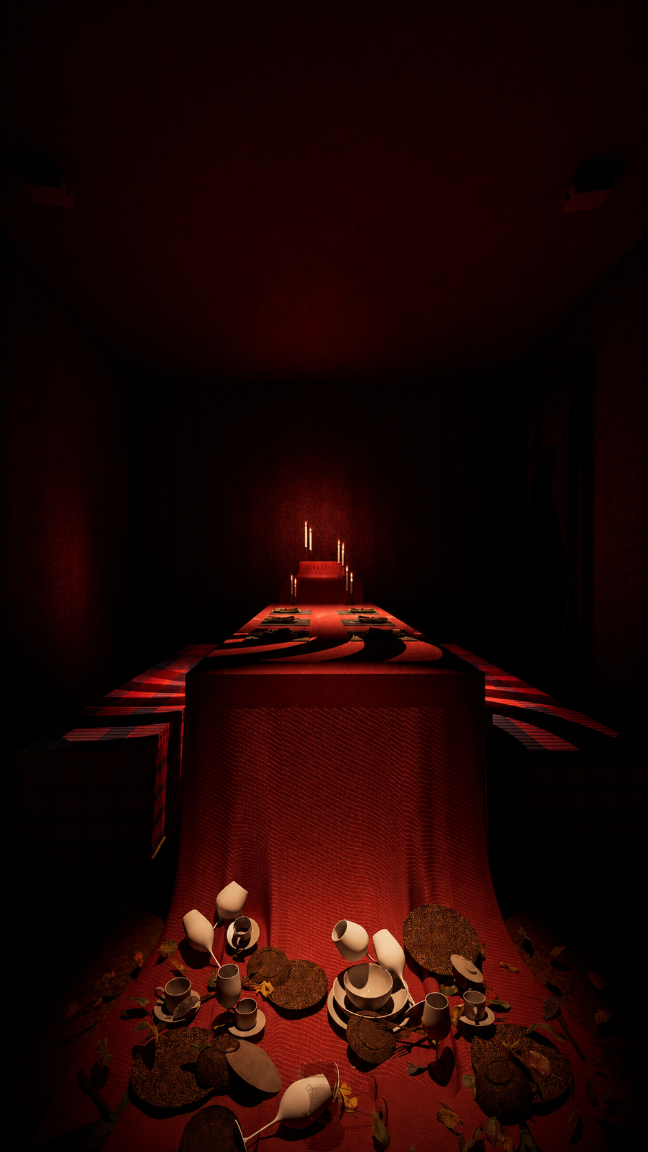 A long table draped in deep red stretches into darkness, lit only by faint candlelight at the far end. Projected cups and dishes sit on the surface. When a visitor reaches for them, the images slide away. When the hand pulls back, they return. The space evokes social awkwardness, where every attempt to participate is quietly refused.