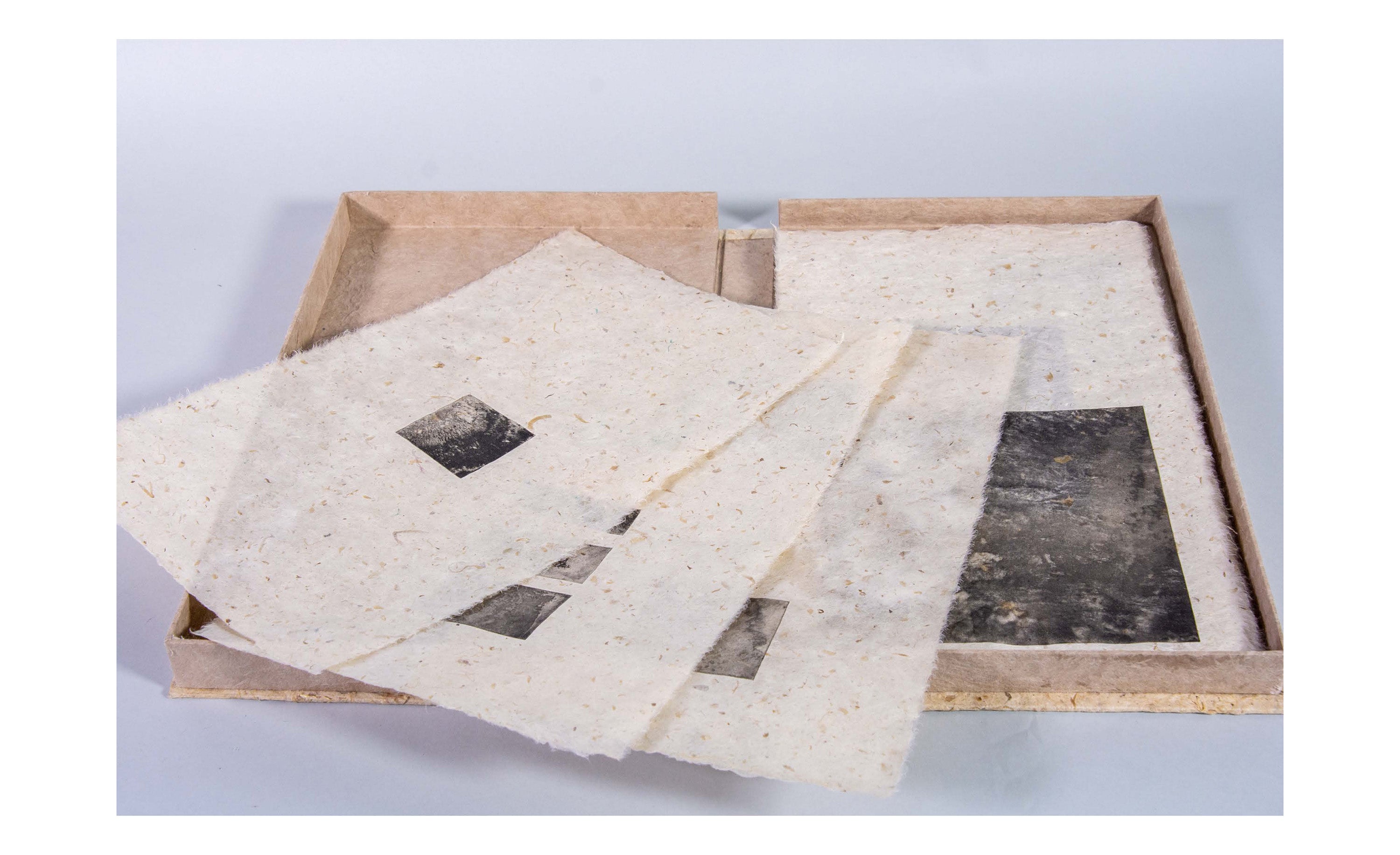 Handmade paper artist book in an open box, with layered pages containing black printed images.
