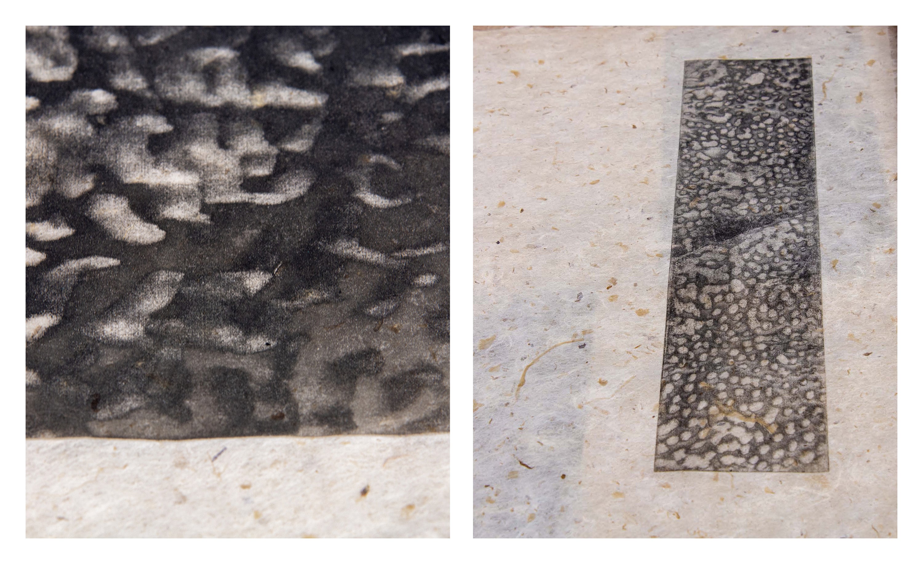 Close-up details of black printed textures on handmade paper pages with visible natural fibers.