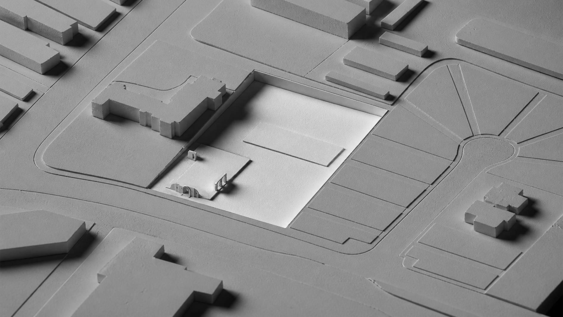 Site model showing the existing church ruin and surrounding streets