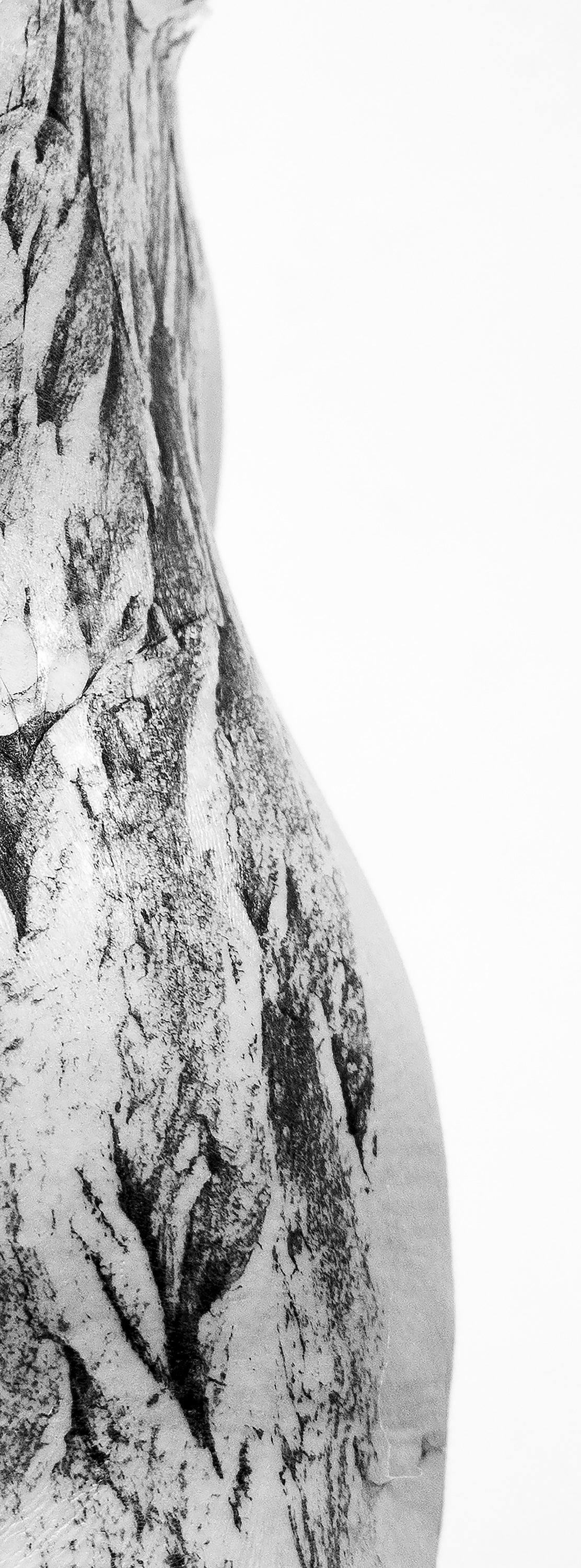 A black and white photograph of the side of a human waist. The waist extends from beyond the top and bottom of the photograph, covered in a flat texture of tree bark. 