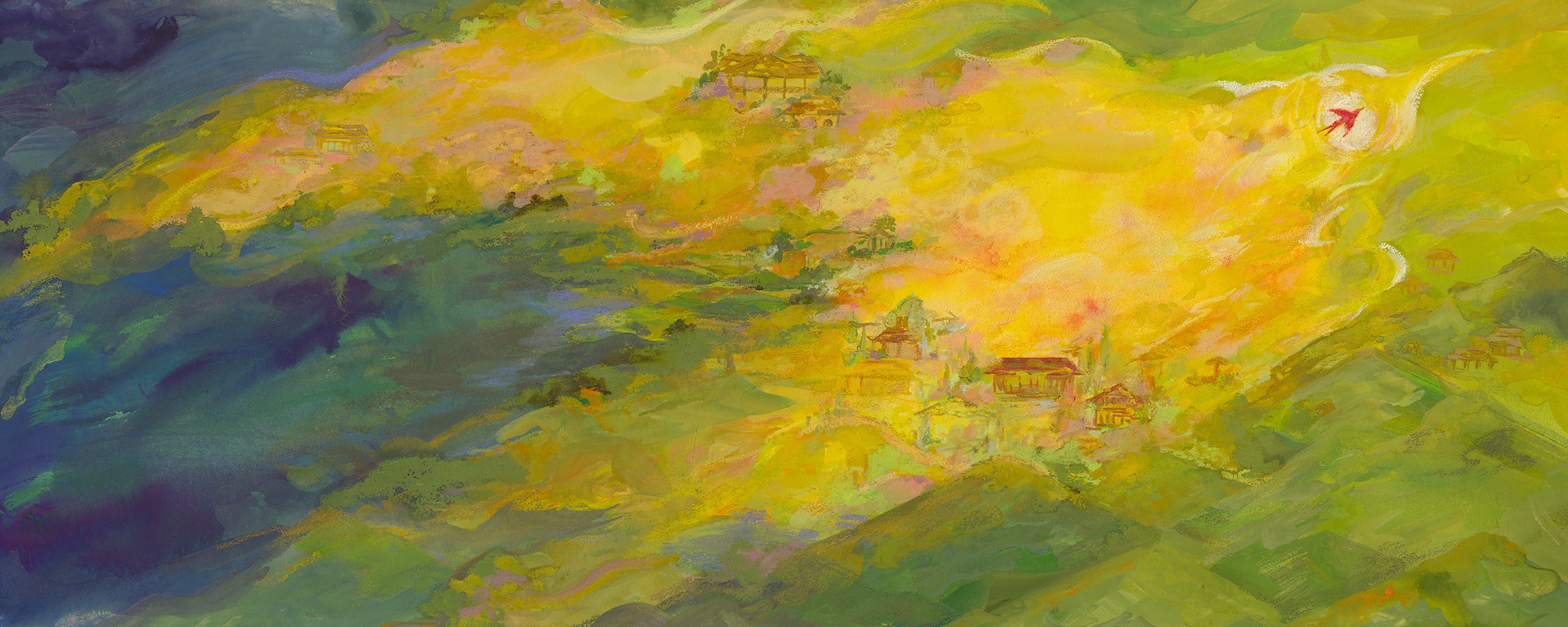 A small red bird radiates yellow light; glowing clouds around it form the silhouette of another bird above a landscape of hills and houses.