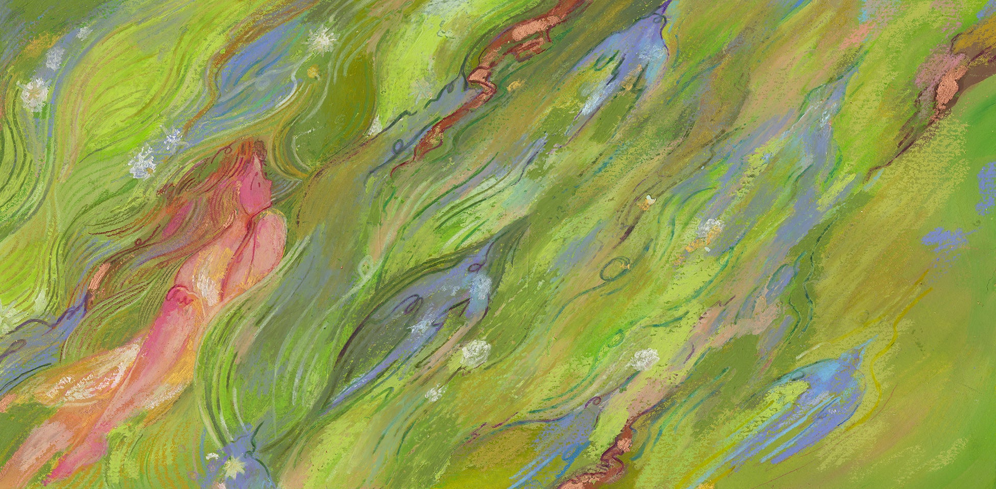 A girl sits in a green grassy field, looking toward multiple bird shadows flying across the right-hand side of the image.