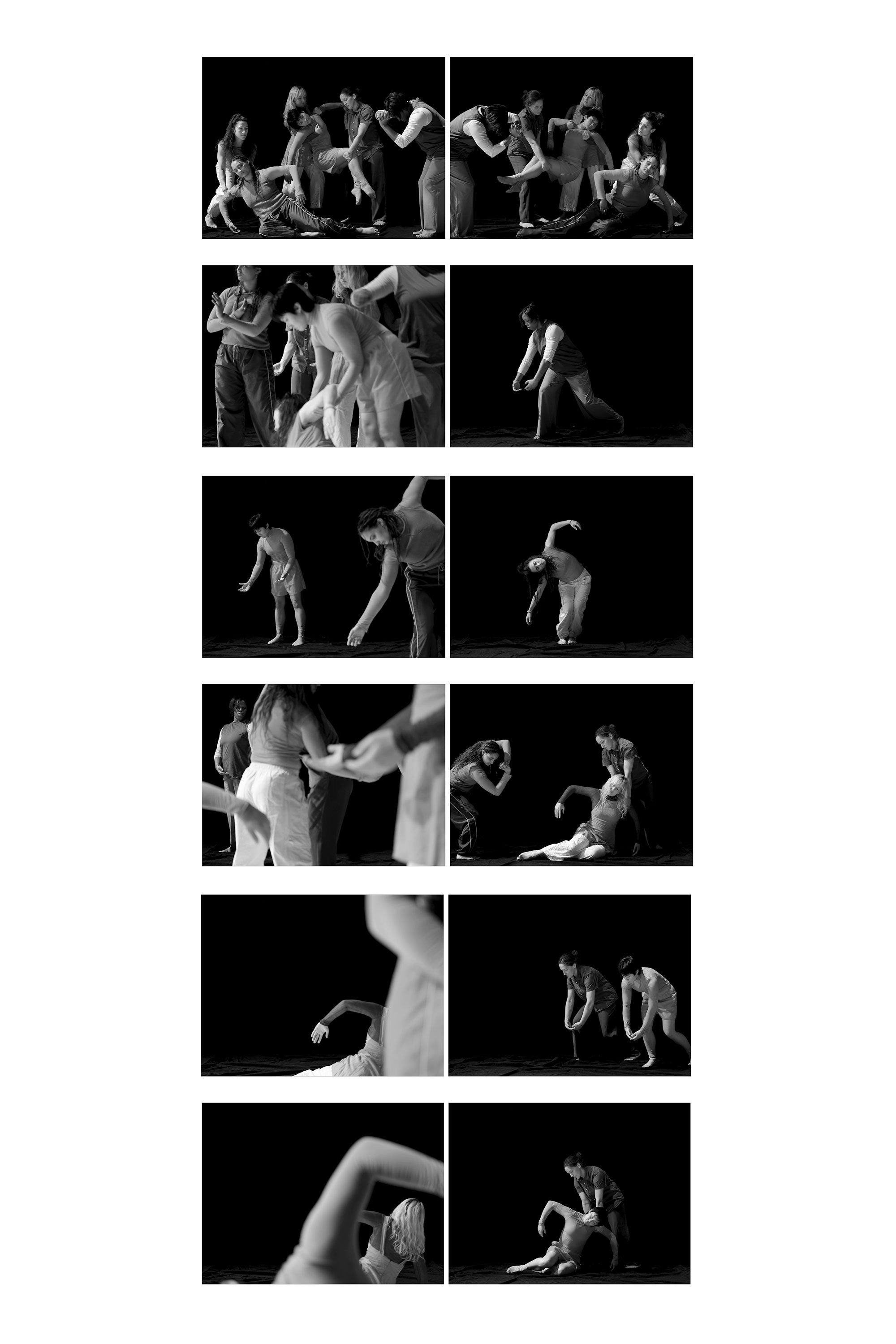 Six female and non-binary identifying dancers create various shapes with their bodies against a black background in this sequence of black and white video stills.