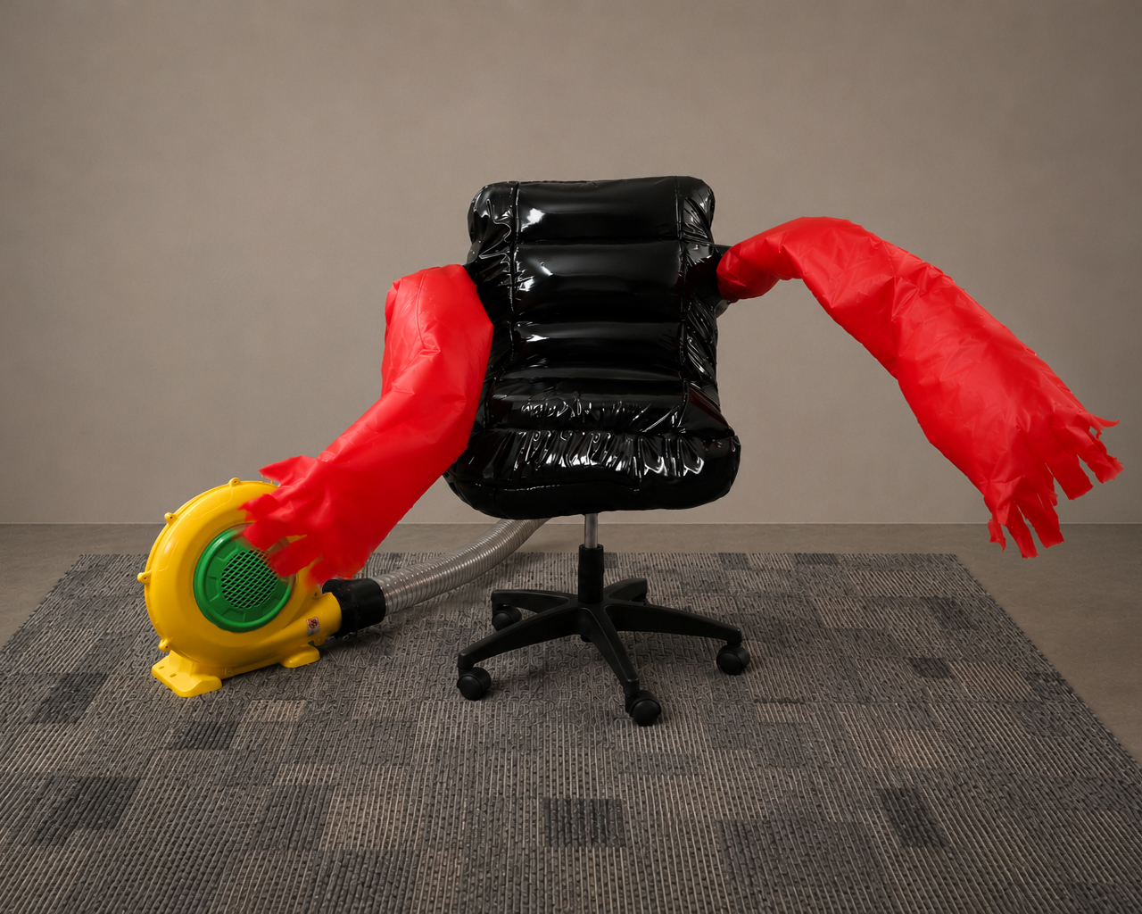 Front shot of the CHAIR FOR WORKPLACE MORALE with a neon yellow and green air blower, vinyl inflatable office chair, and red inflatable tube arms swinging side to side.