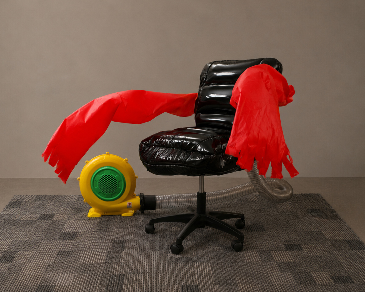  Profile shot of the CHAIR FOR WORKPLACE MORALE with a neon yellow and green air blower, vinyl inflatable office chair, and red inflatable tube arms swinging side to side.
