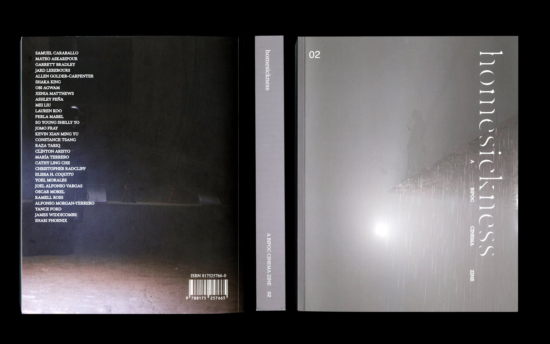 Front cover, spine, and back cover of "homesickness: A BIPOC Cinema Zine, Issue 02," displayed flat against a black background. The cover is a dark gray with the title in large white vertical serif type