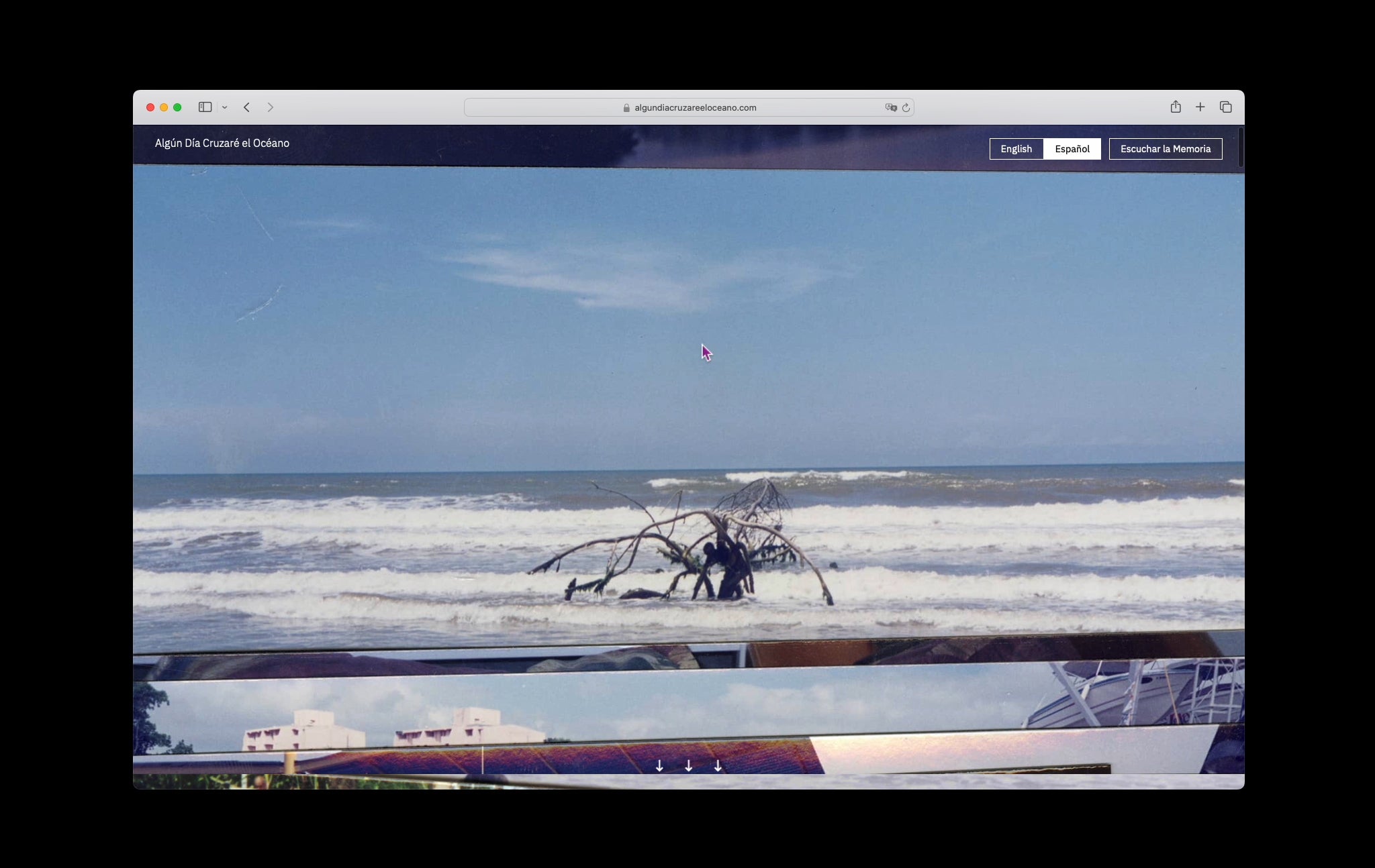Screenshot of a bilingual website titled "Algún Día Cruzaré el Océano" displayed in a macOS browser window. The full-bleed hero image shows a choppy ocean with a dark, branching driftwood structure rising from the surf