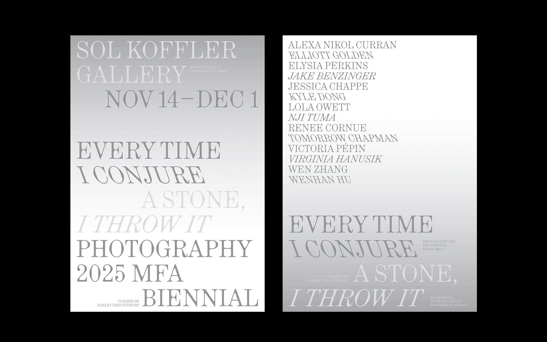 Two front-and-back views of a silver gradient poster for the "Photography 2025 MFA Biennial" at Sol Koffler Gallery, Providence, RI, running November 14–December 1. The title reads "Every Time I Conjure a Stone, I Throw It," curated by Marley Trigg Stewart. The reverse lists fourteen participating artists.
