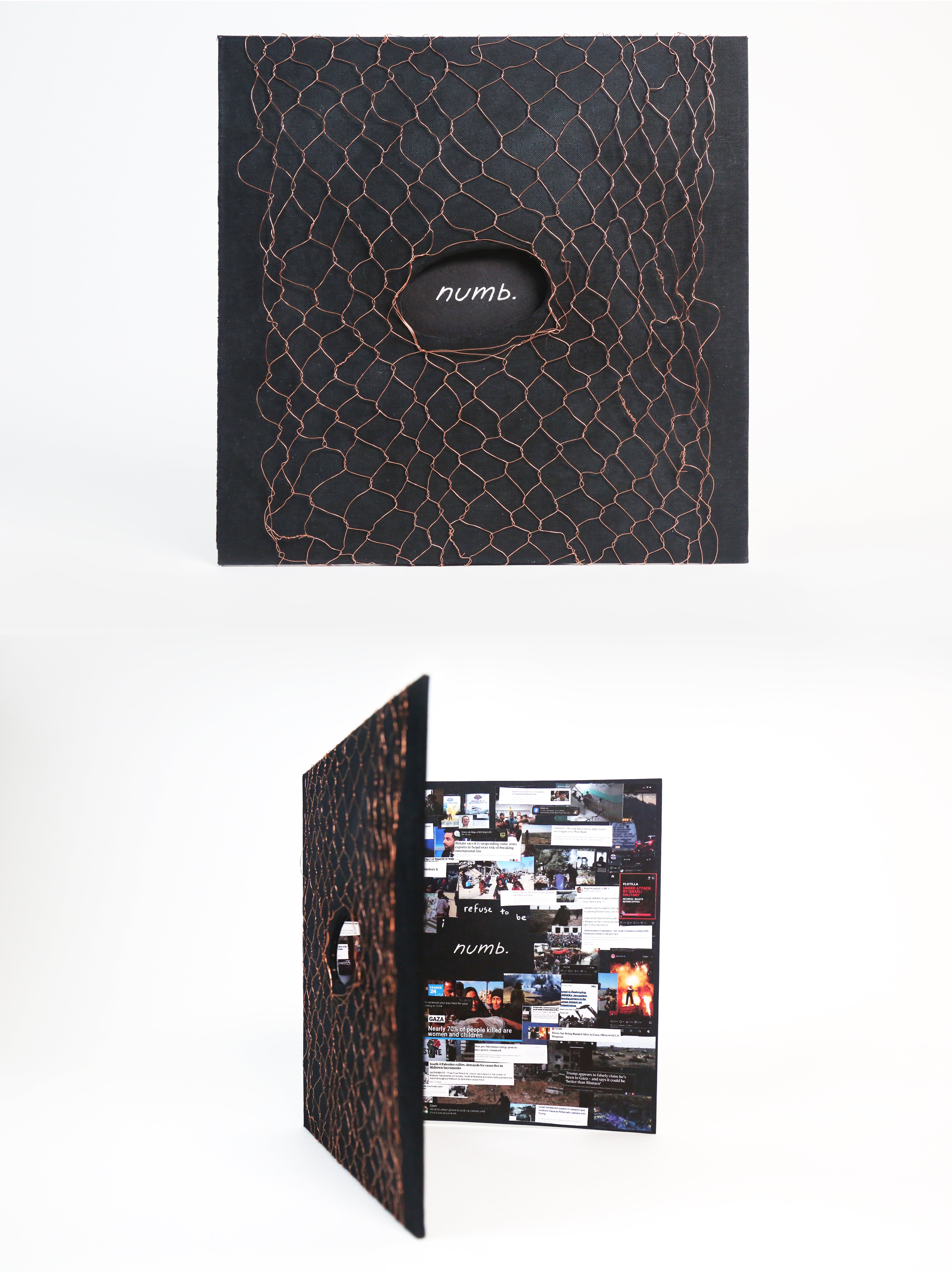A square book with black fabric and a copper fence-like weave, opened to reveal a collage of news images and headlines inside and text reading “i refuse to be numb.”