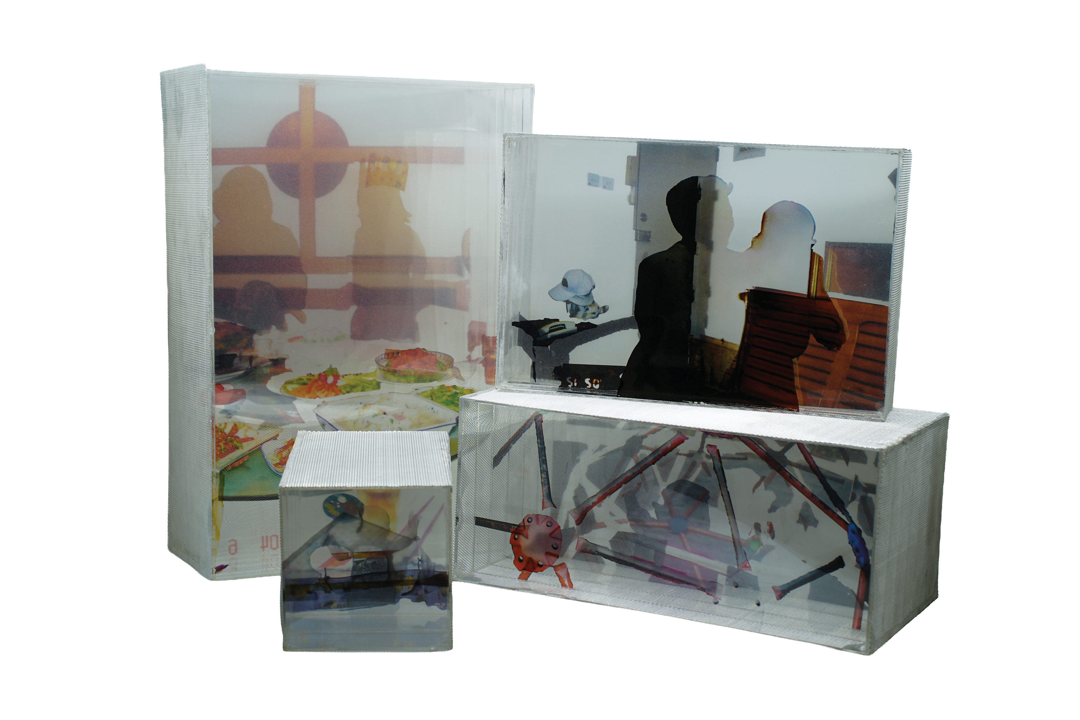 A physical, layered creation derived from a deconstructed archival photograph. The image is separated into multiple cut and printed layers on transparent paper. These paper sections are stratified using clear acrylic layers, adding tangible thickness