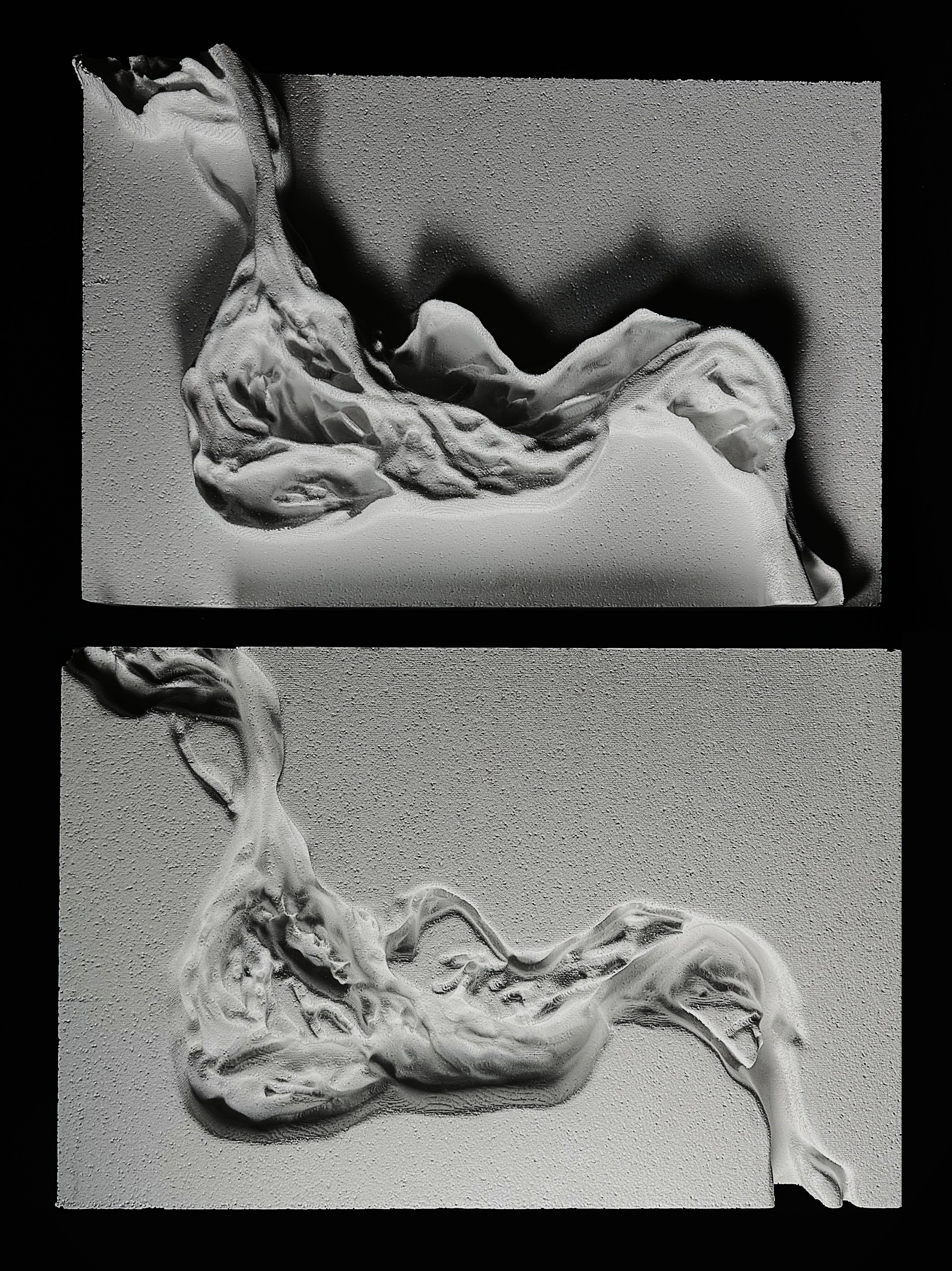 Images of 2 foam models with a river's meander over time carved in with different depth intensities.