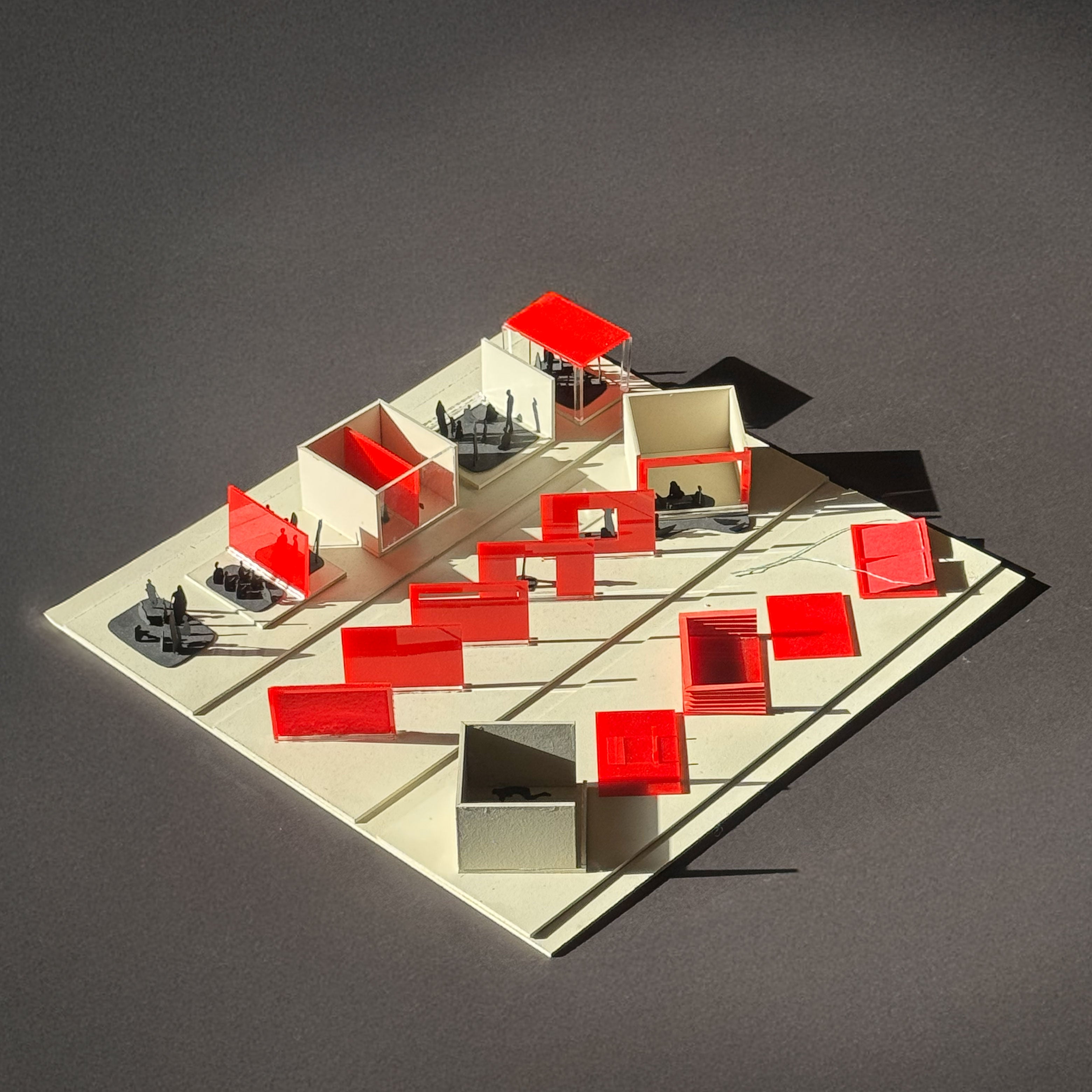 An image with a model of small rooms, each with a plane of the room highlighted. 