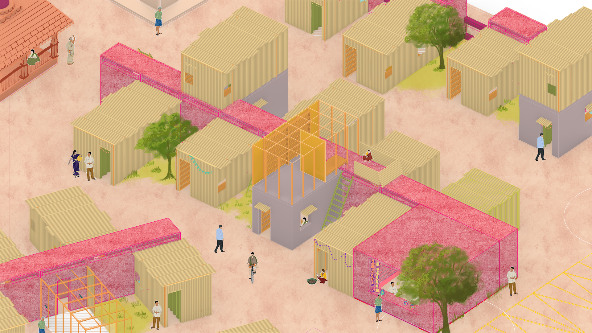 An Image of an infromal settlement full of color, life and people going about their daily activity.