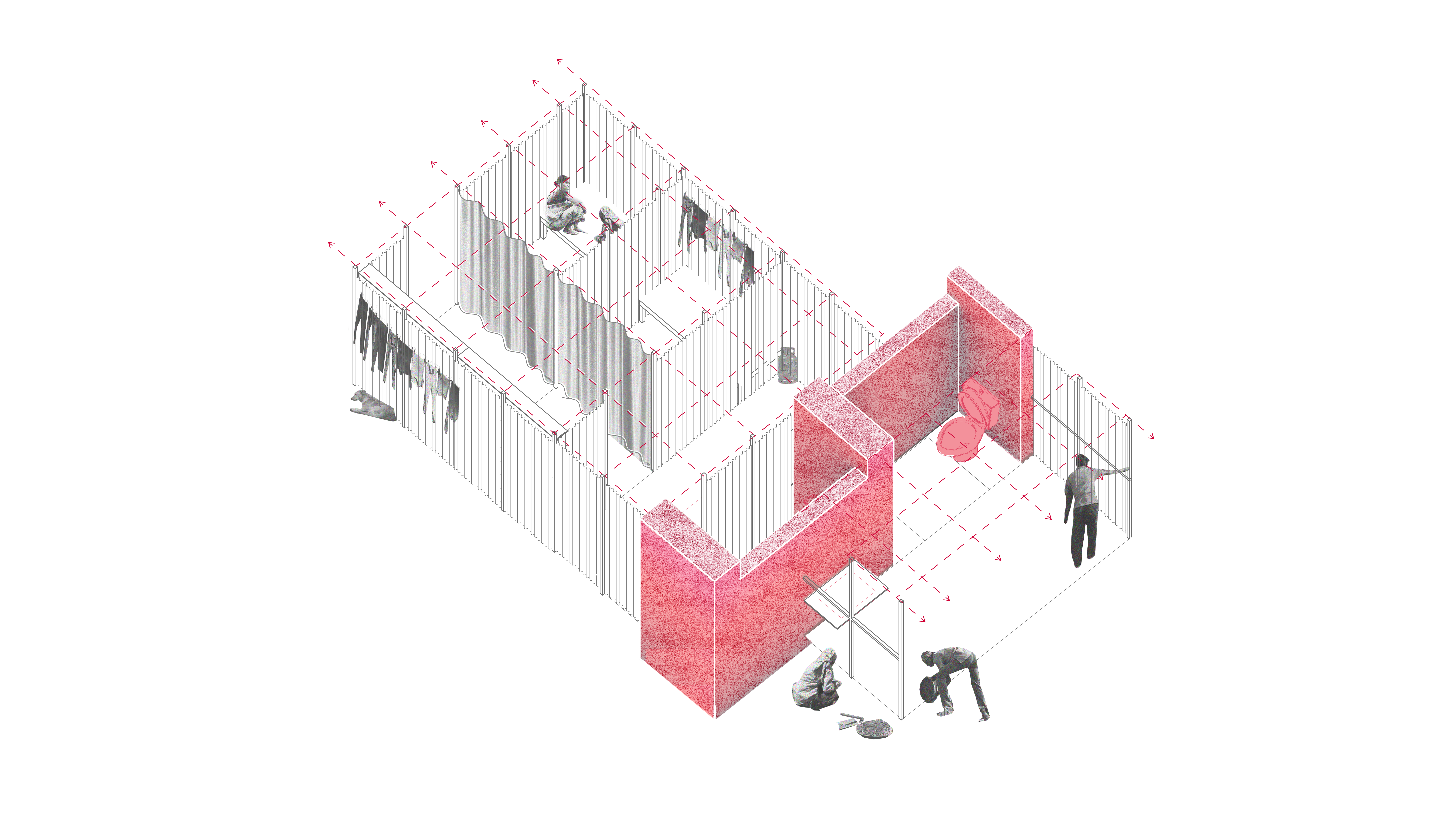 An image of a colored wall at the center, surrounded by people constructing informal housing along it.