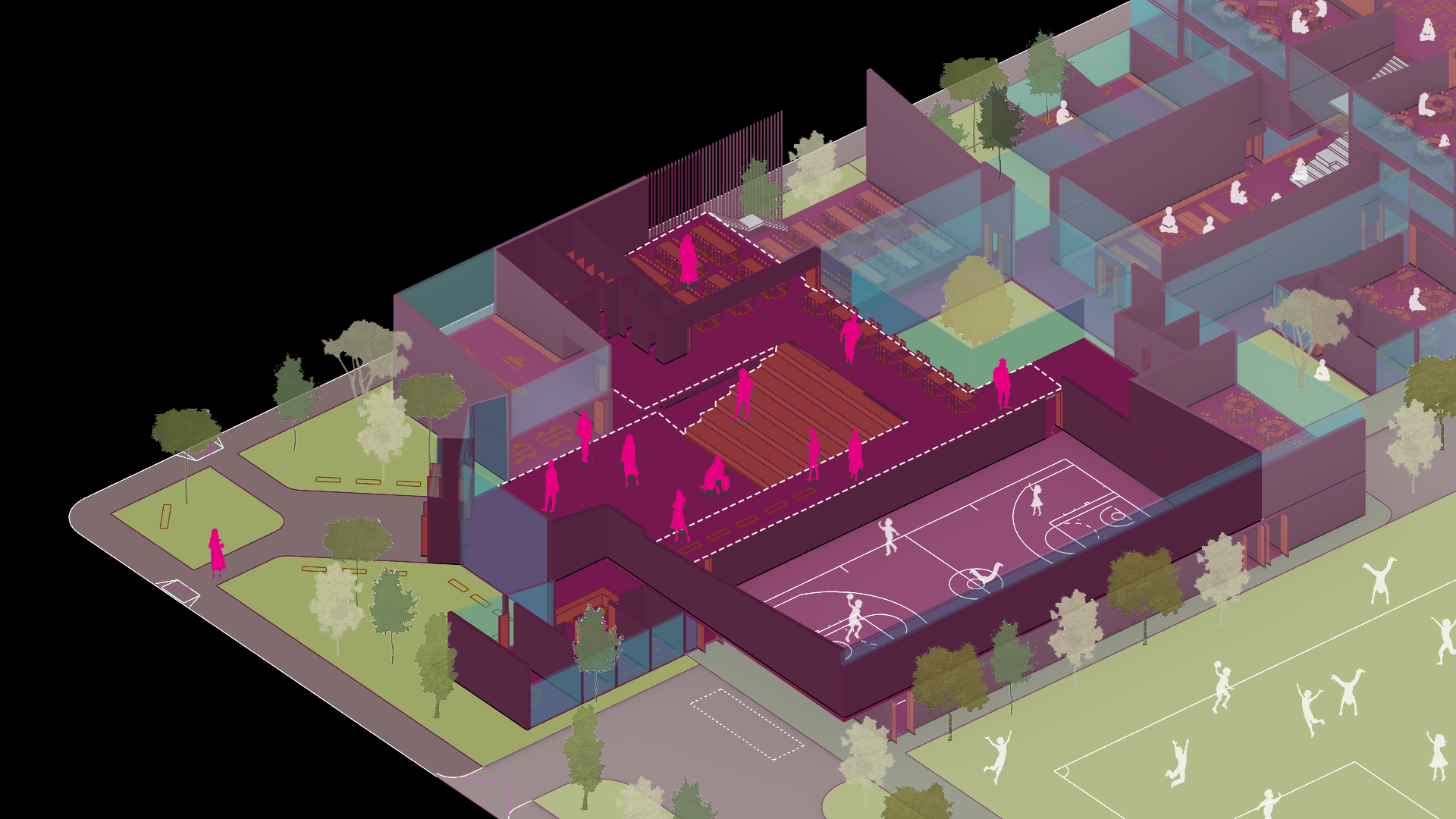 Image of colorful space in school with connection to fun cultural spaces and playgrounds.
