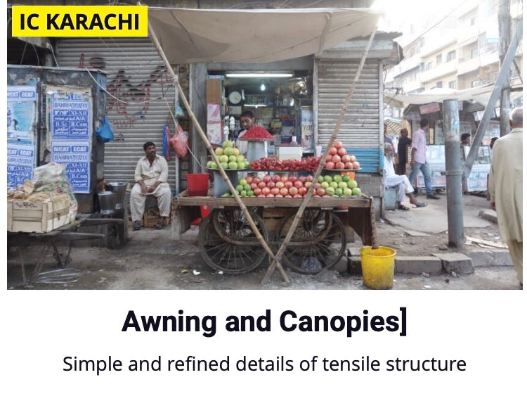 Patchwork fabric and metal awnings extend over a Karachi street, improvised shelters in warm, dusty light; showcases nformal architecture as collective survival.