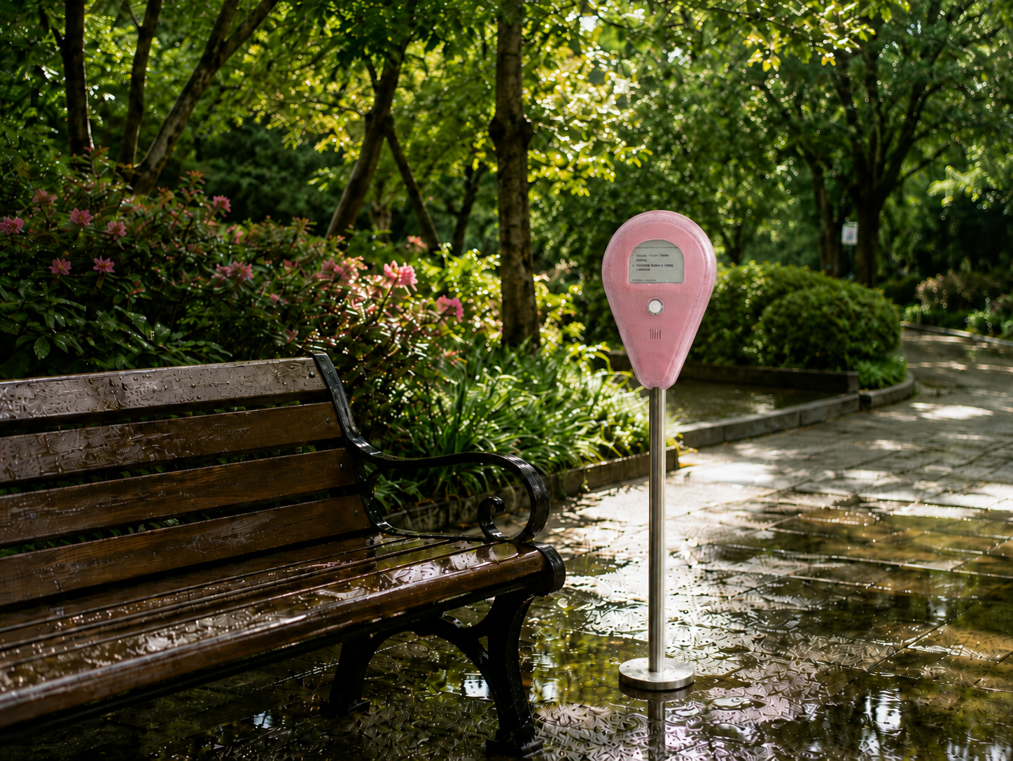 AI-generated rendering of the Spark installation placed beside a bench in a park setting.
