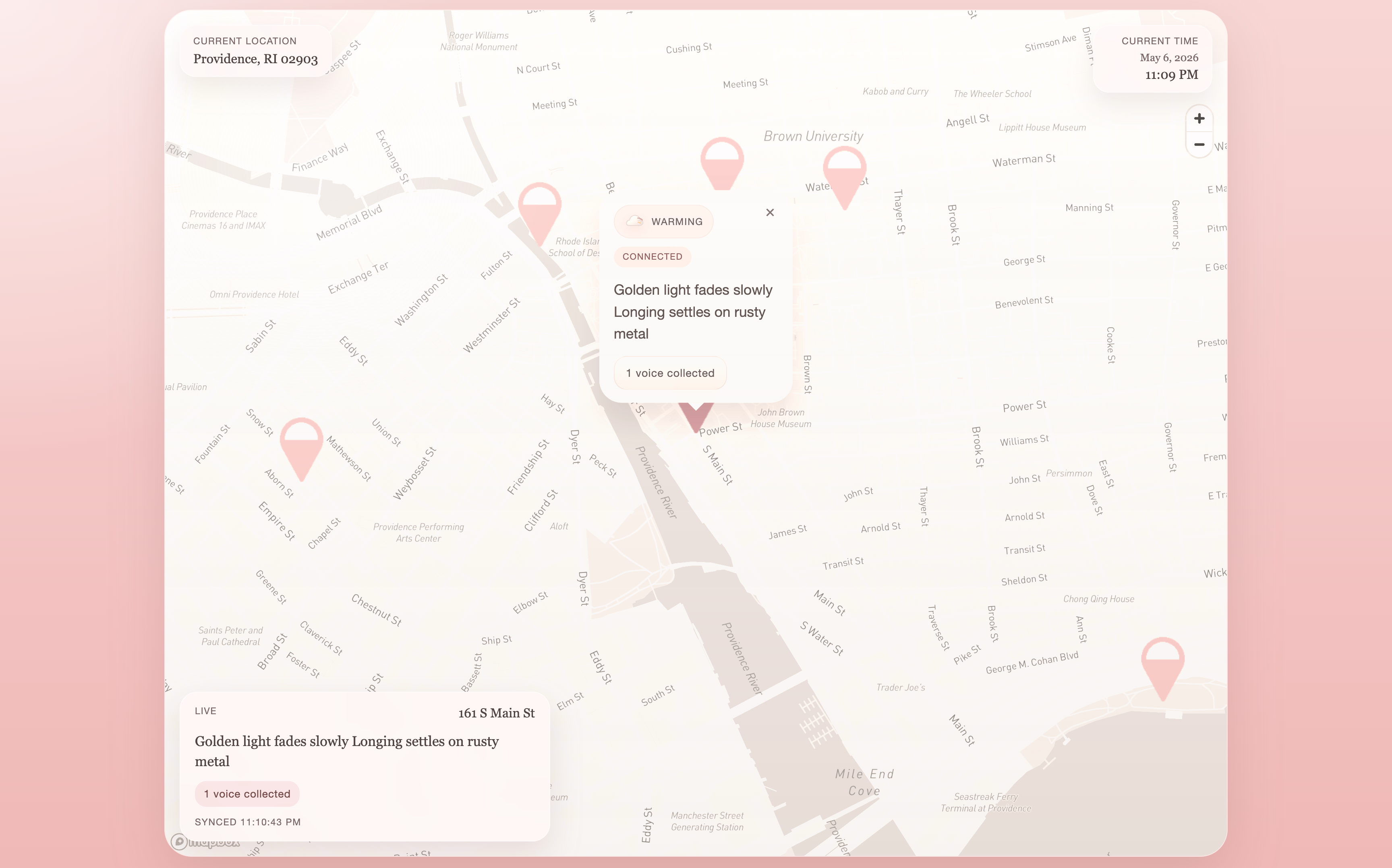 A soft pink-tinted map of Providence, Rhode Island showing location pins with a popup displaying a poetic message: "Golden light fades slowly. Longing hearts reach outward." Four voices collected, with audio playback available.