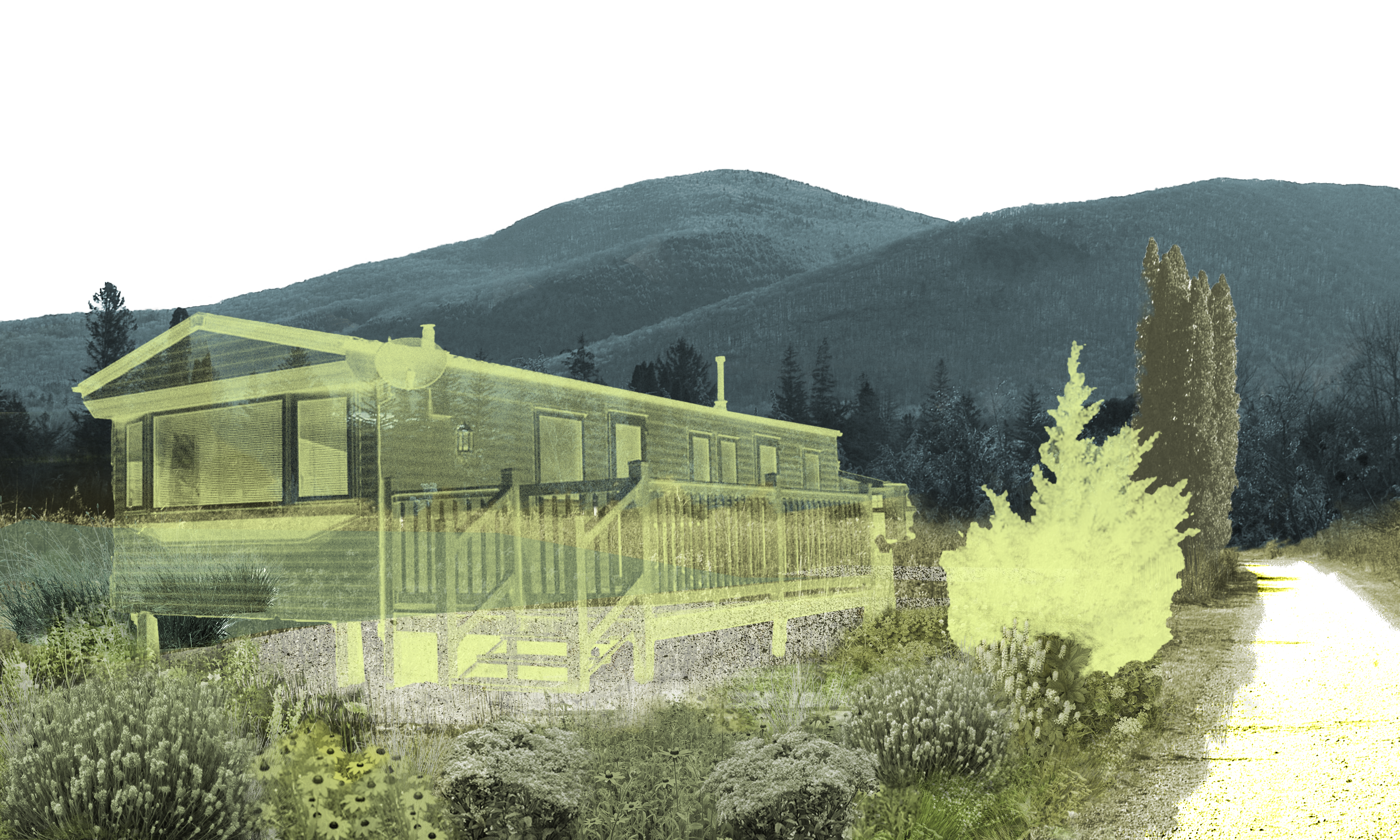 A disappearing house amidst an overgrown garden in a mountainous landscape. 