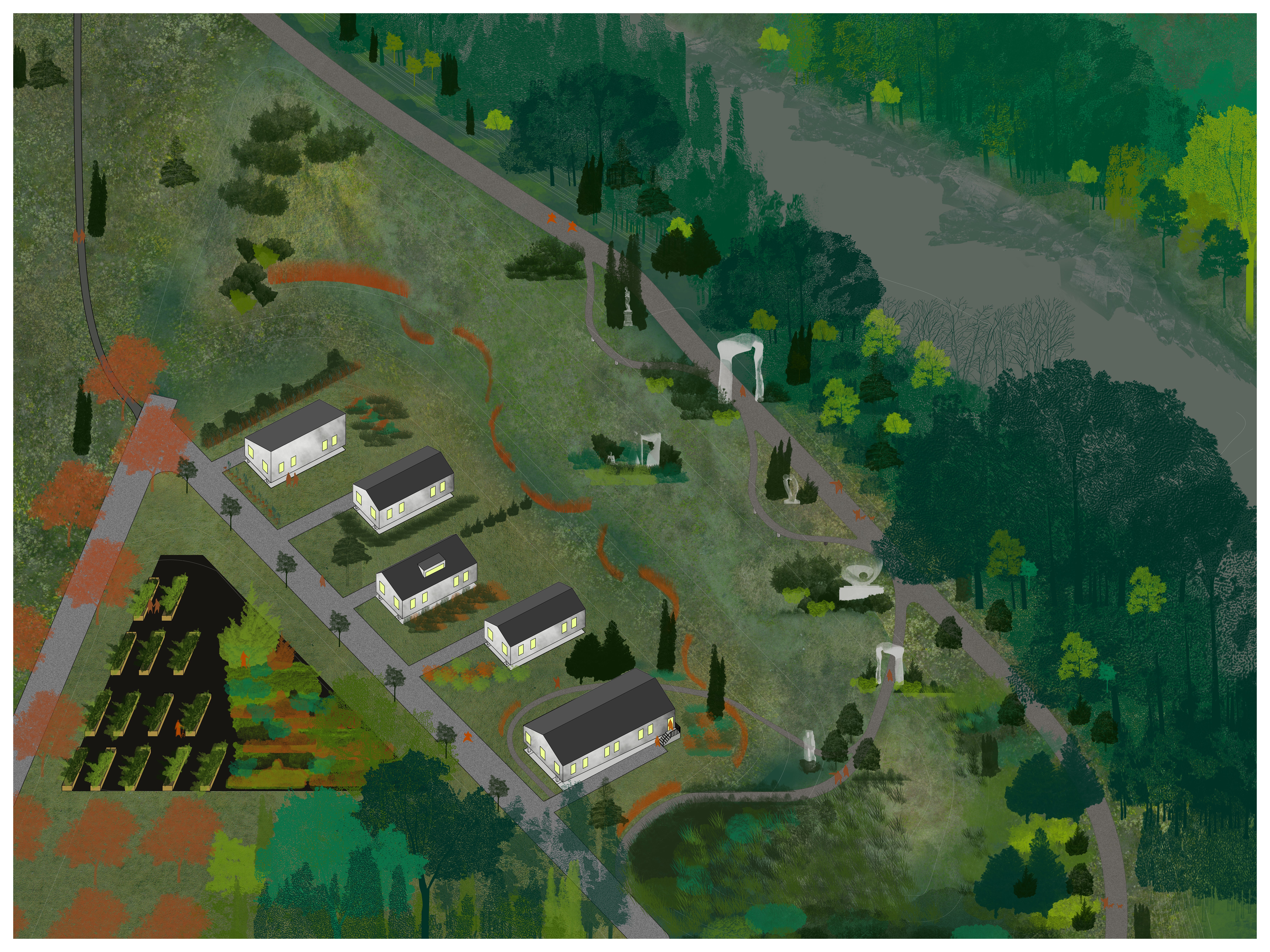 An axonometric view drawing of homes, a community garden, and a trail with sculptures.