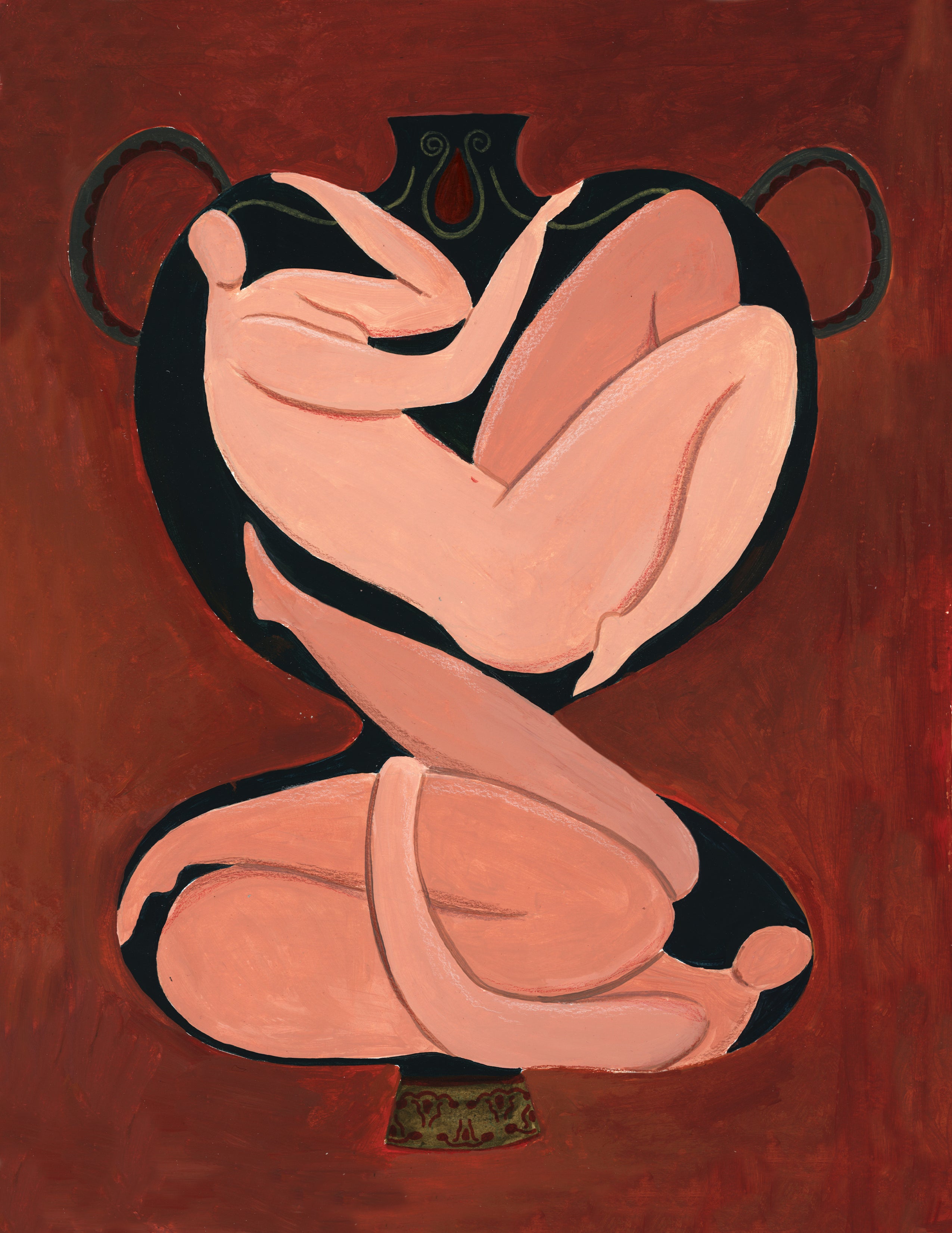 This painting explores the relationship between the body and the vessel as intertwined forms of containment, protection, and vulnerability. Two intertwined figures fold into the shape of a ceramic vase, merging bodily presence with an object historically associated with domesticity, labor, and preservation.