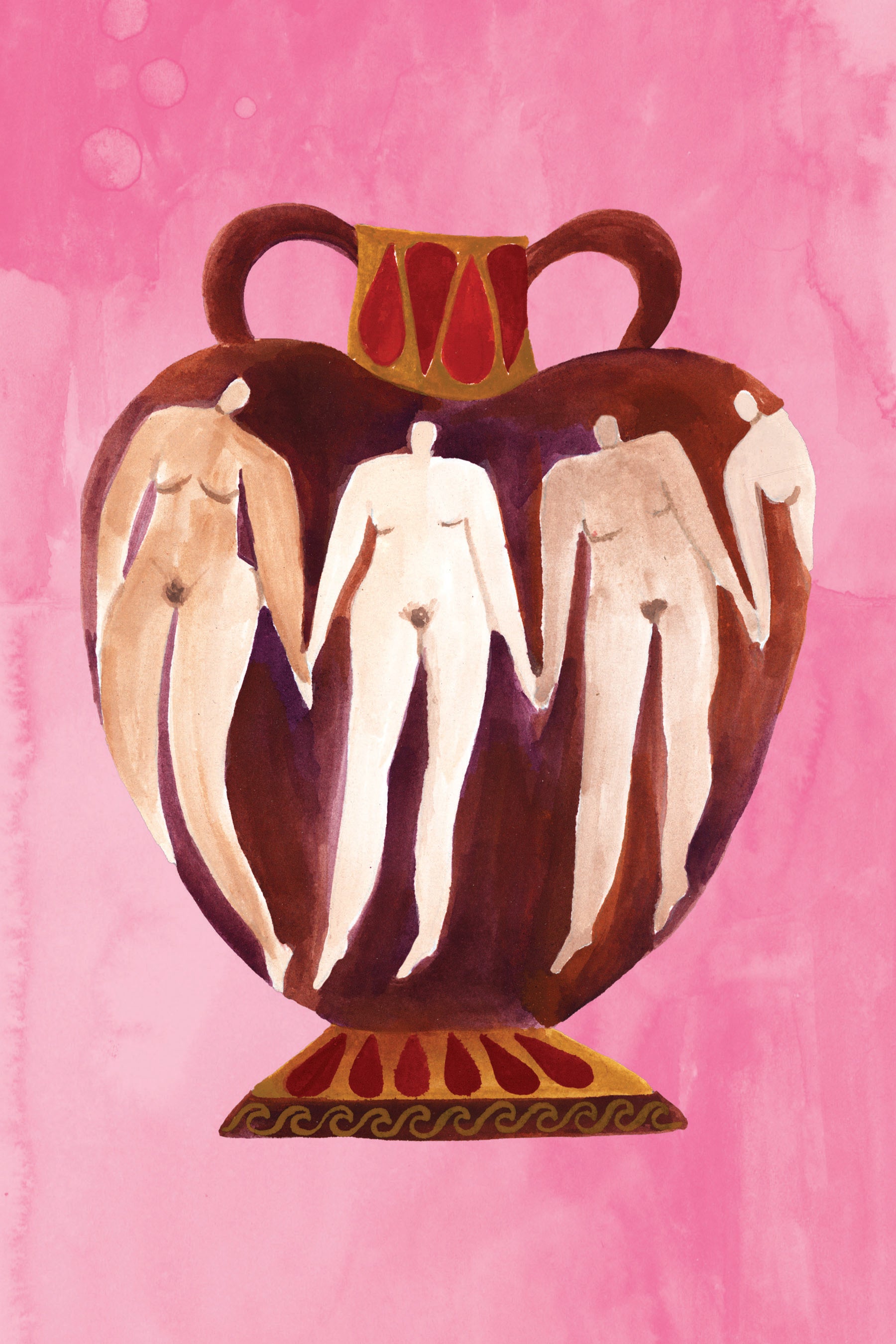 Four simplified figures are integrated into the surface of a large vase against a pink background, combining bodily forms with decorative vessel imagery.