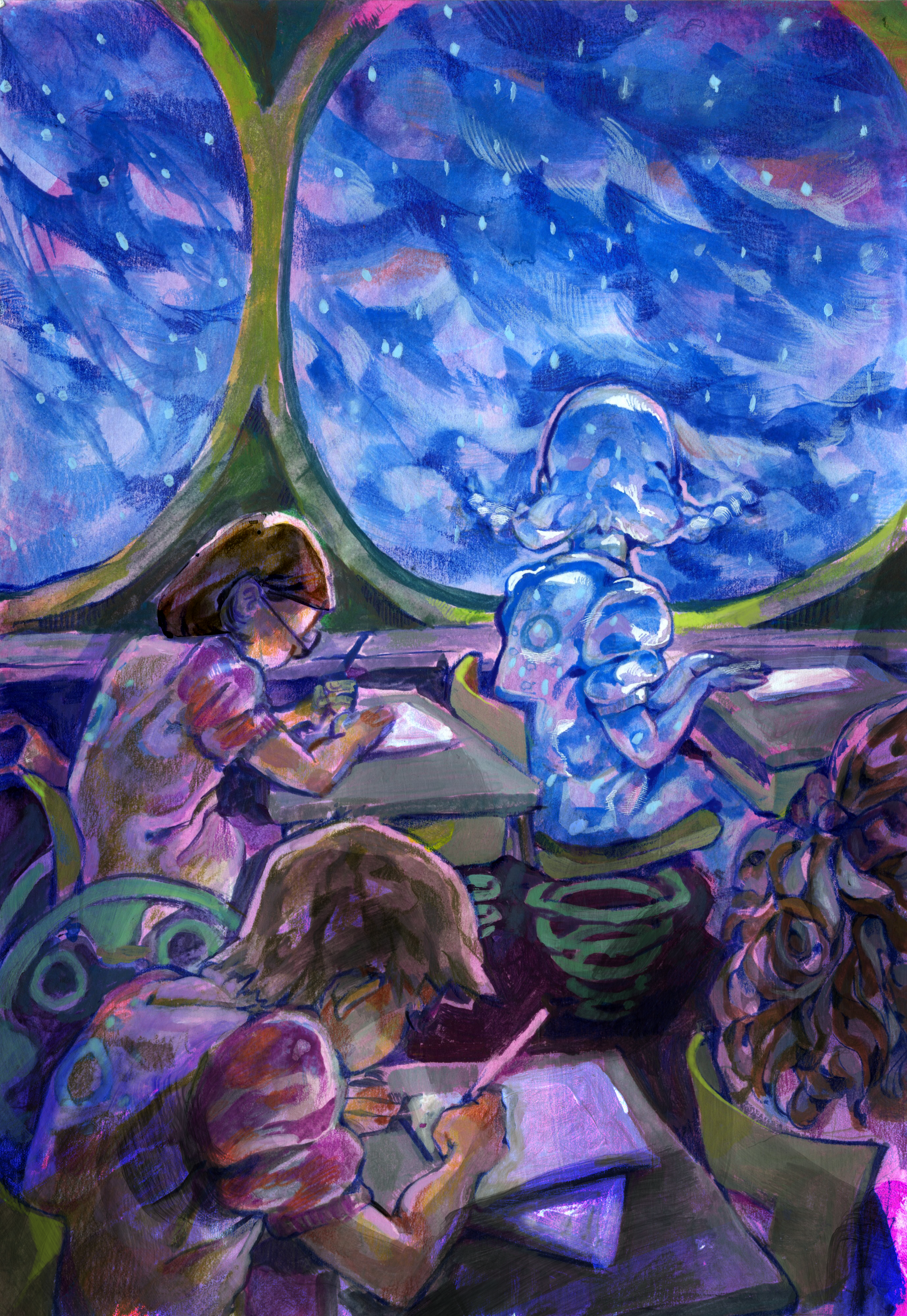 Painting made with acrylic, acrylic gouache, and color pencil with digital edits. Painting shows a girl seemingly made of a rainstorm looking at a storm outside while she remains with her classmates in future like uniforms.