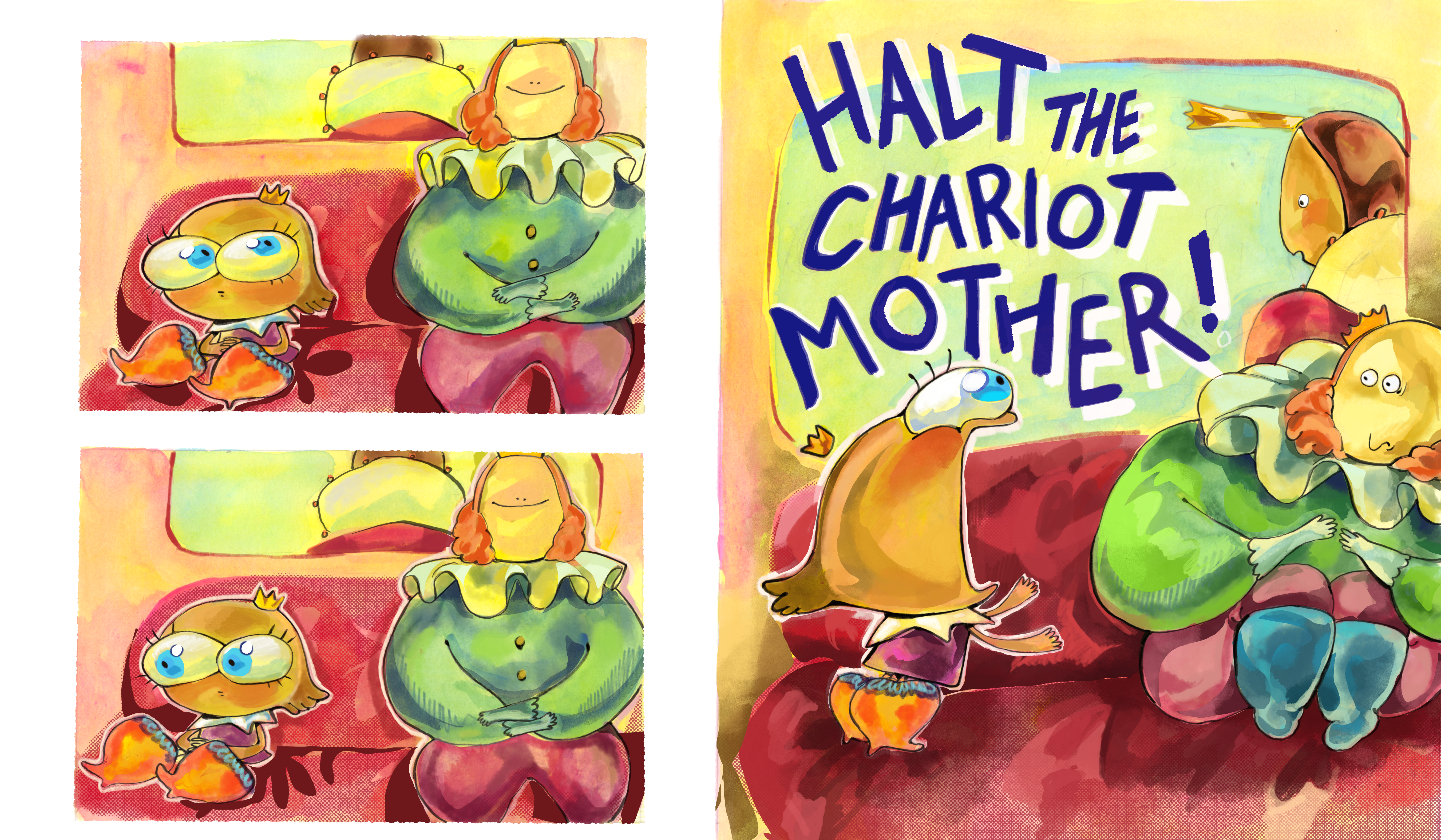 Spread from children's book called Tale of Two Knigdoms. Made with watercolor and digital painting. A young royalty stares at their king stepfather following by a panel with the young royalty requesting for the chariot to stop.