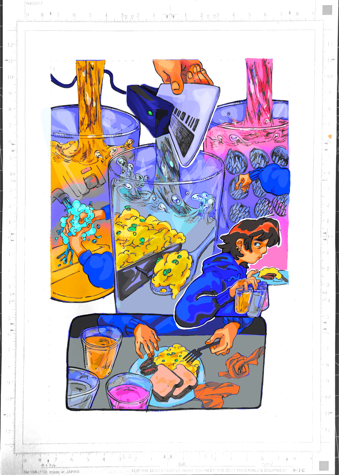 1 page multi-panel comic, figure getting breakfast with three glasses of juice. Linework done traditionally with pen, color done digitally.