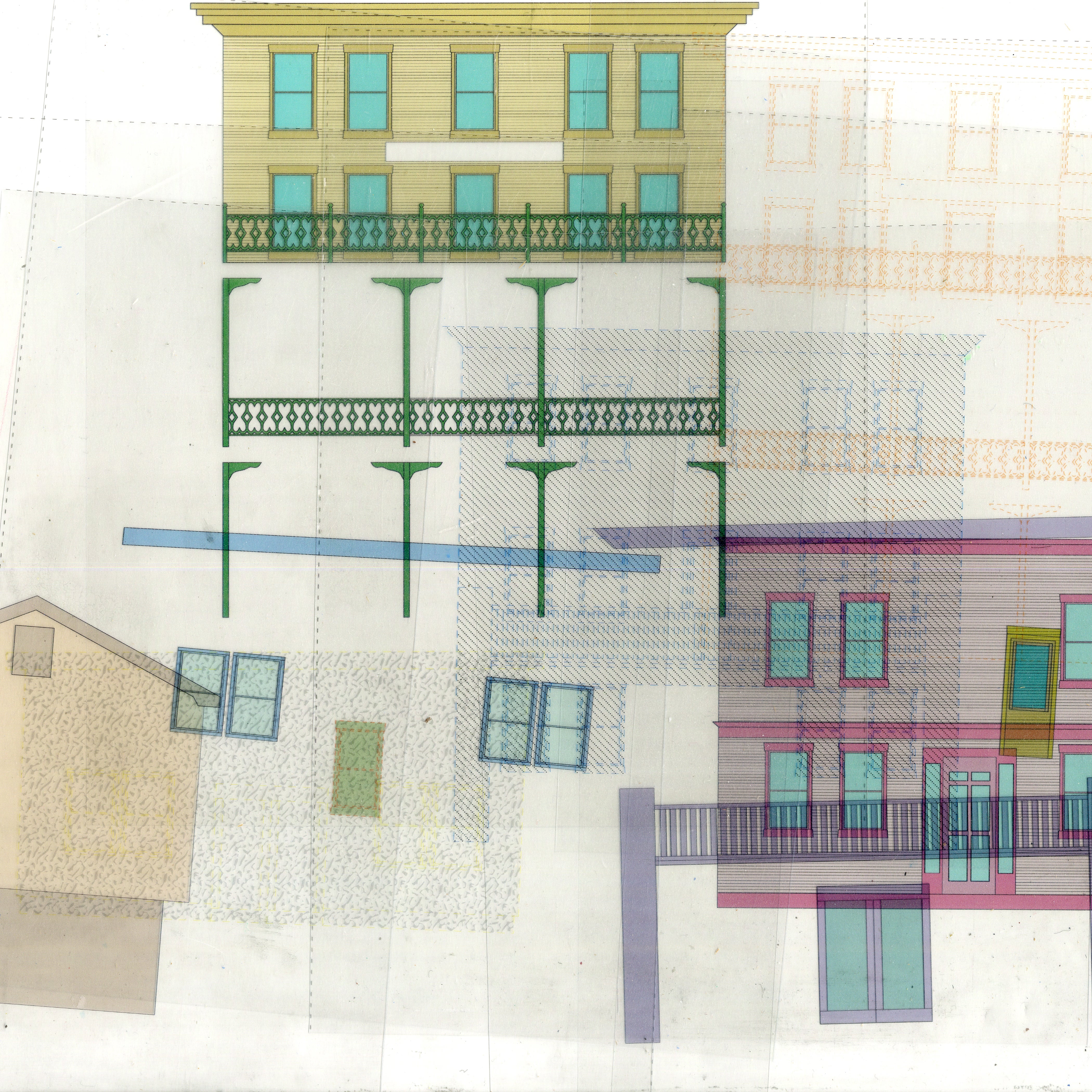 Parts of the Lincoln Hotel facade in Lincoln, Maine, printed on acetate and scanned into one document. Prints are scattered and overlapping in the image. Colors like yellow, blue, and green define different parts of the building. 