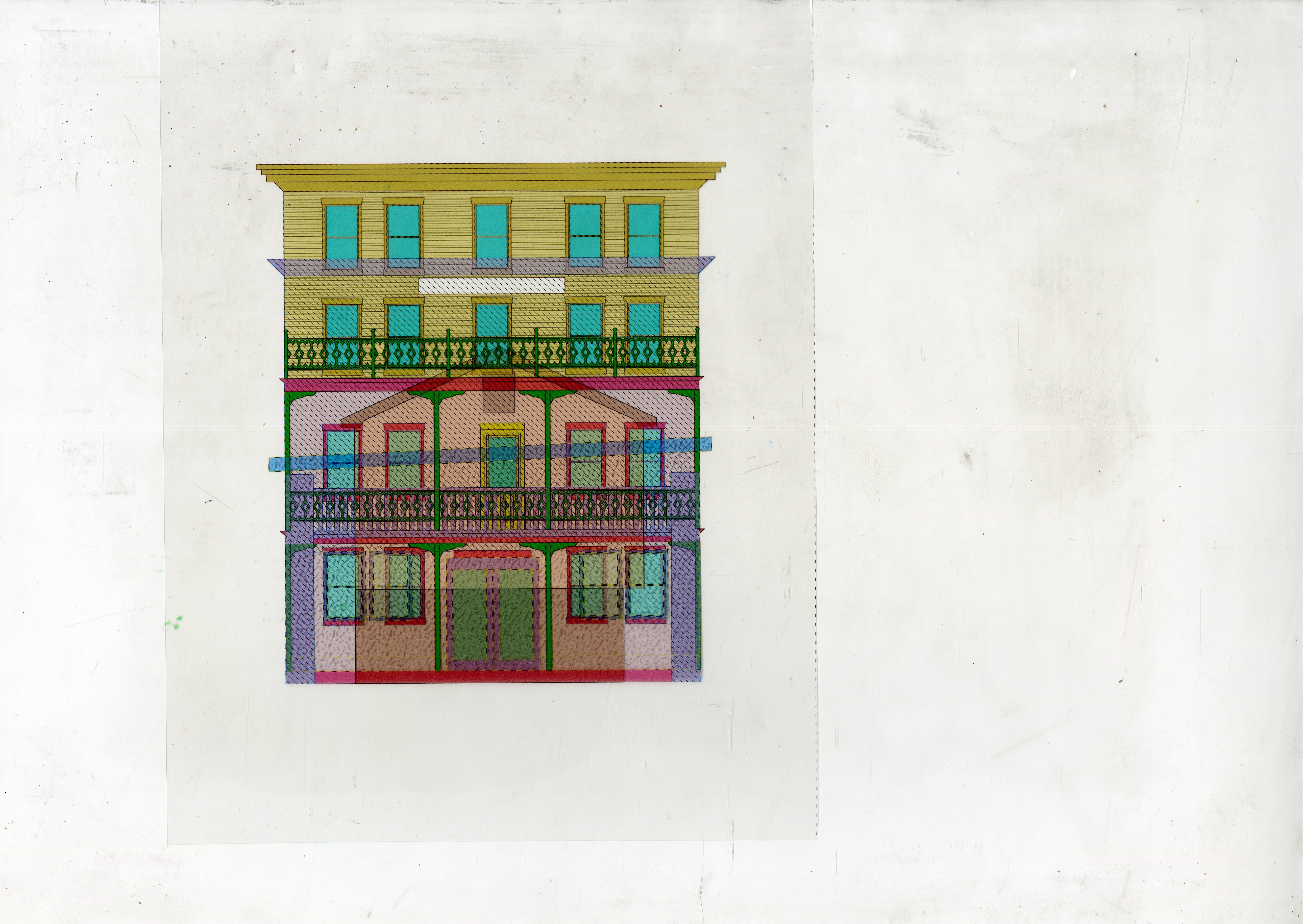 An elevation of the Lincoln Hotel in Lincoln, Maine. Bright colors describe different phases of demolition and addition of the building over time. It is a building with two stories. 