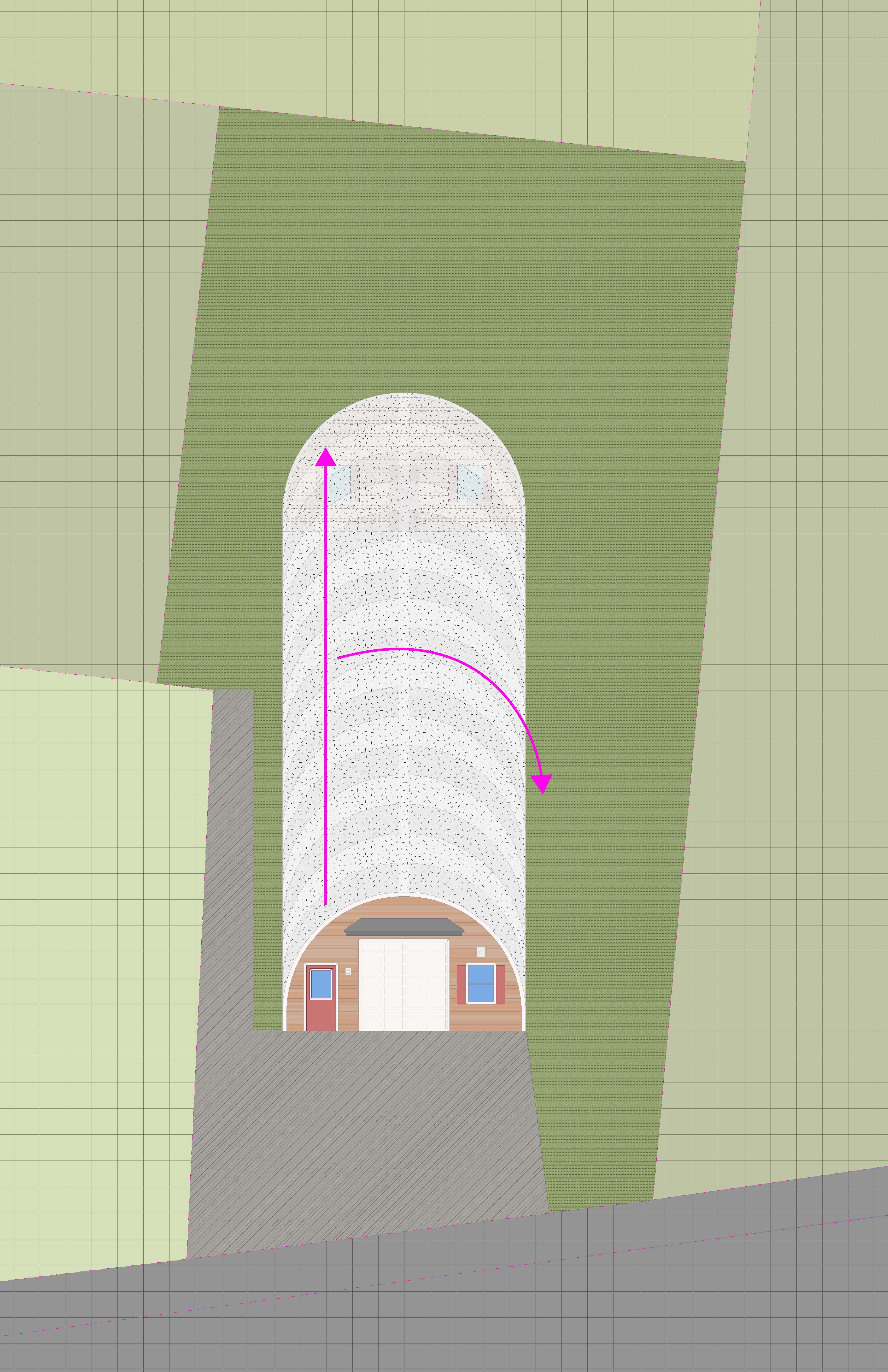A semicircular building is shown in plan oblique. Different shades of green describe plot lines. The building is brown on the front and the curved roof is corrugated metal. Pink arrows point to opportunities for expansion. 