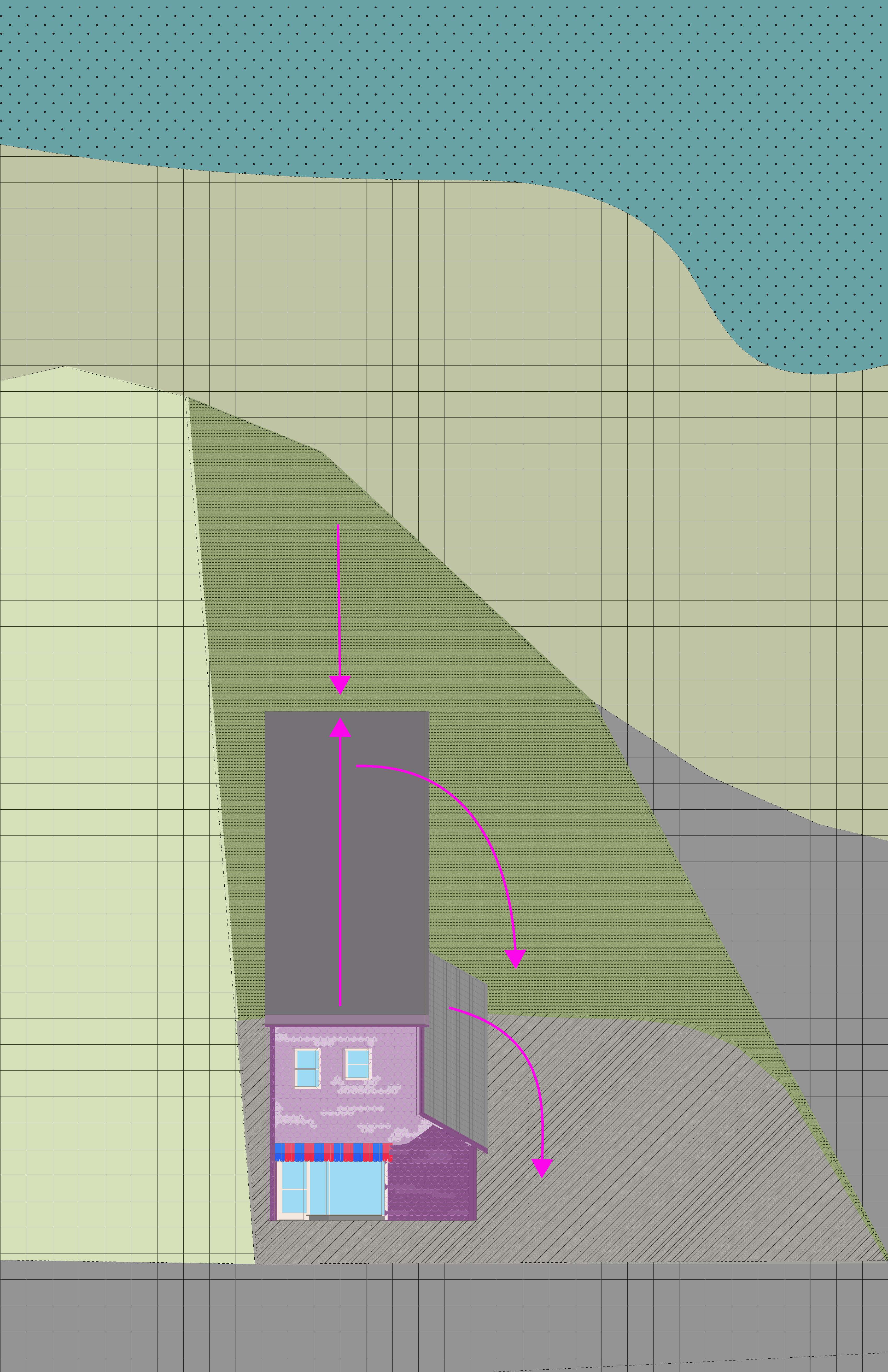 A purple rectangular building in elevation oblique. Different shades of green describe plot lines. Blue represents the bay behind the building. Pink arrows point to opportunities for additions. 