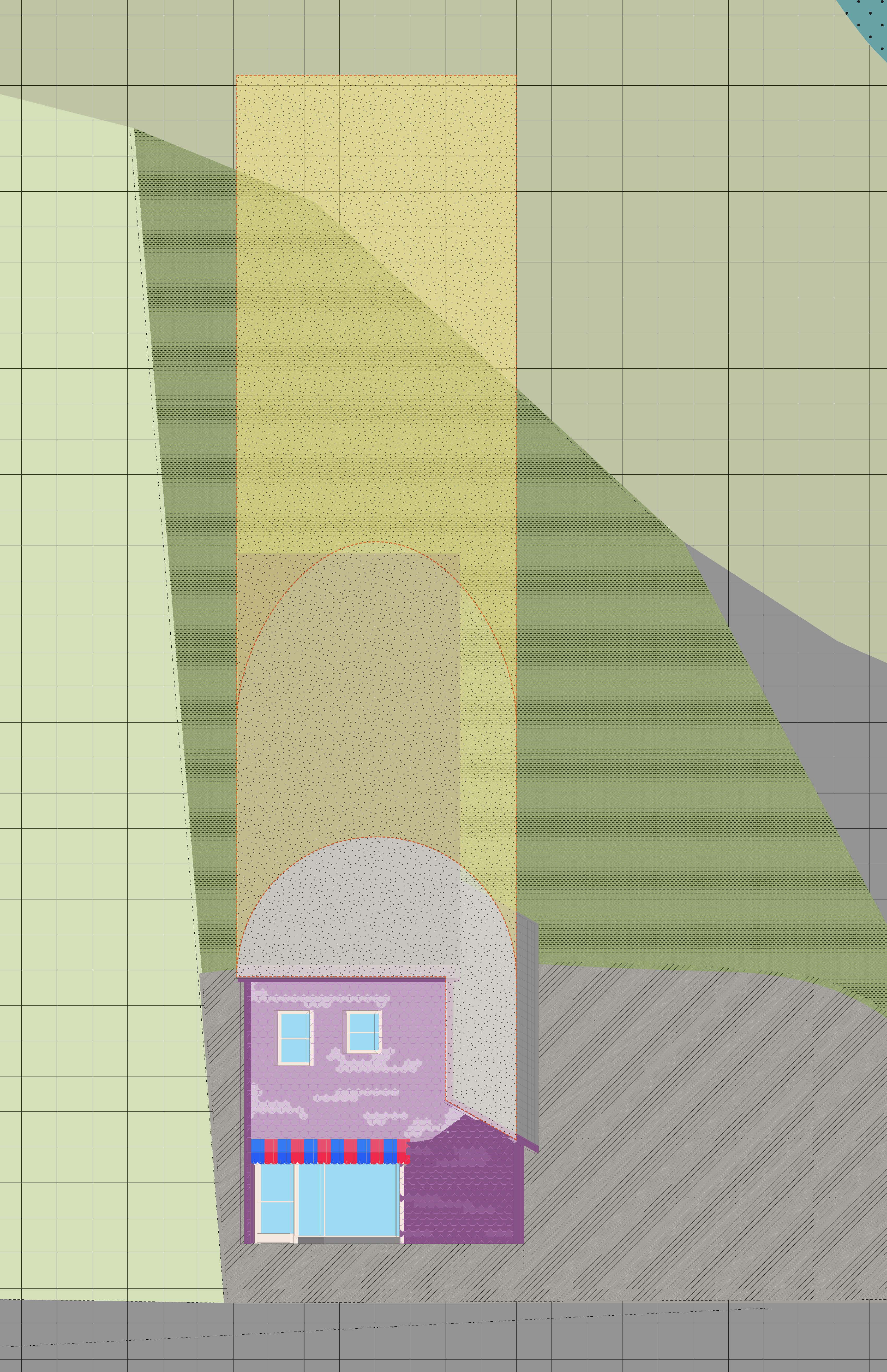 A purple rectangular building in elevation oblique. Different shades of green describe plot lines. Blue represents the bay behind the building. A yellow housing addition sits on top. 