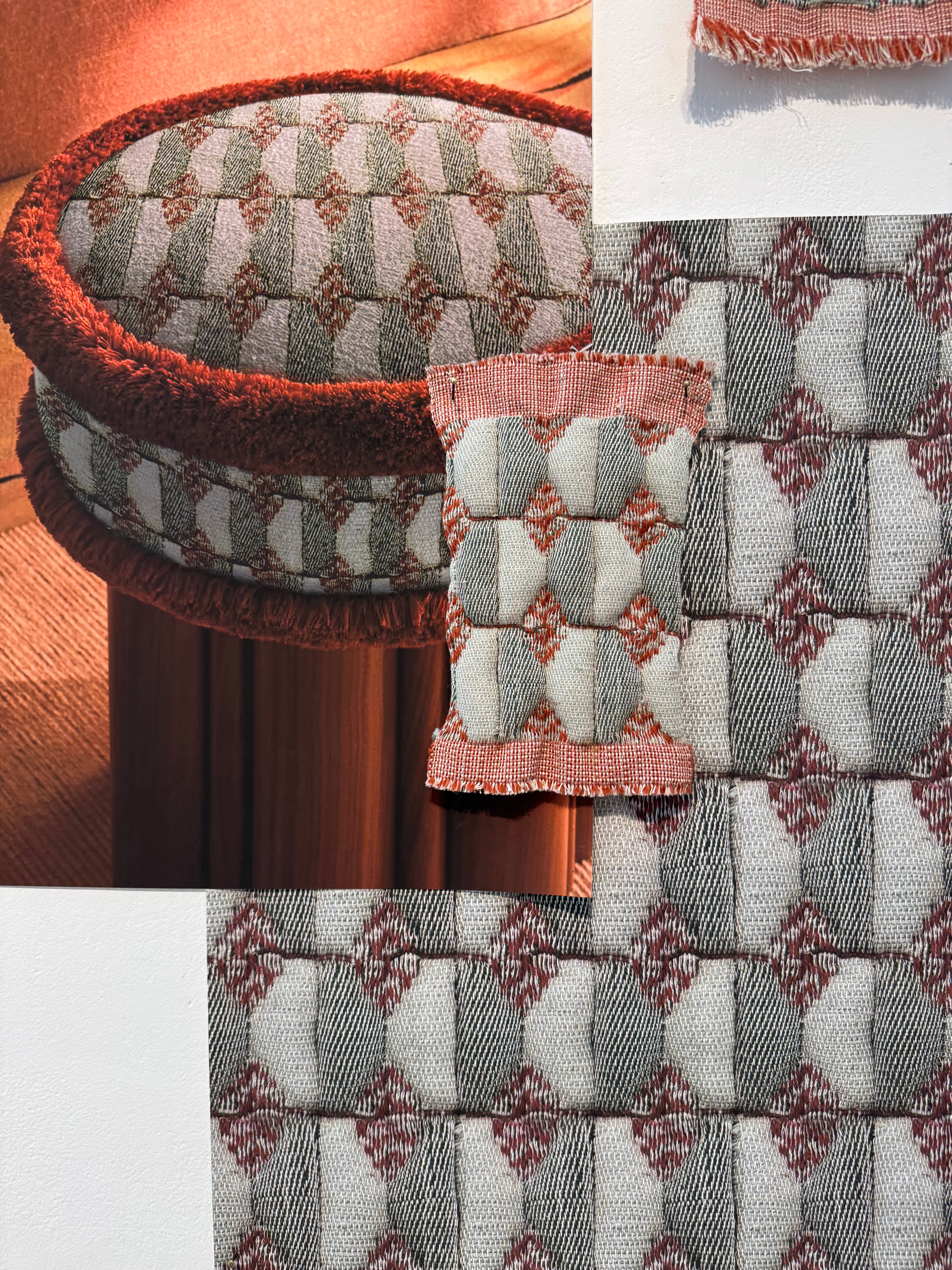 Upholstery button patterned Dobby hand woven sample close up with mock up