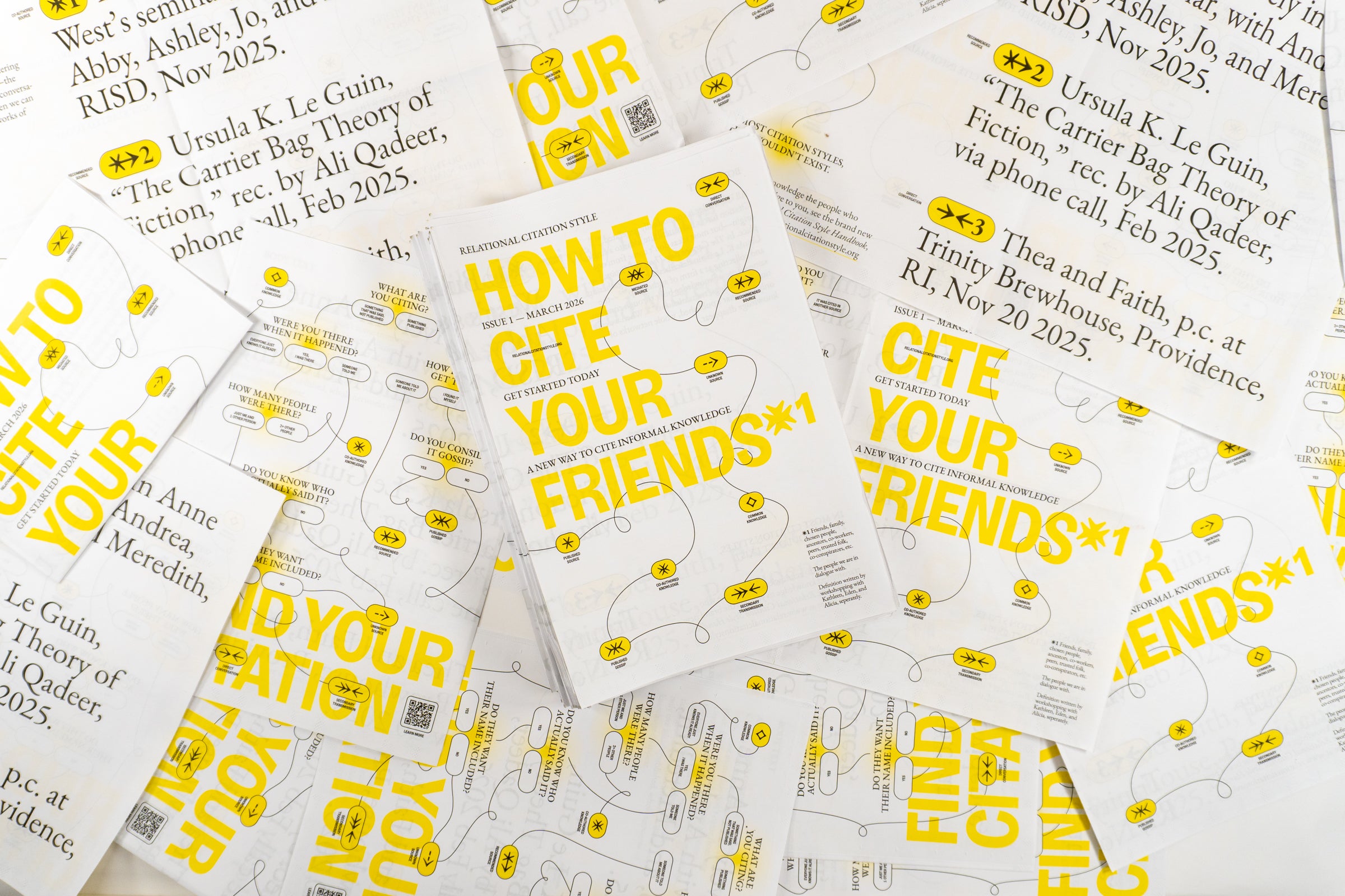A series of a newspapers lie scattered and overlapping. The cover reads "HOW TO CITE YOUR FRIENDS" in all caps, bright yellow.