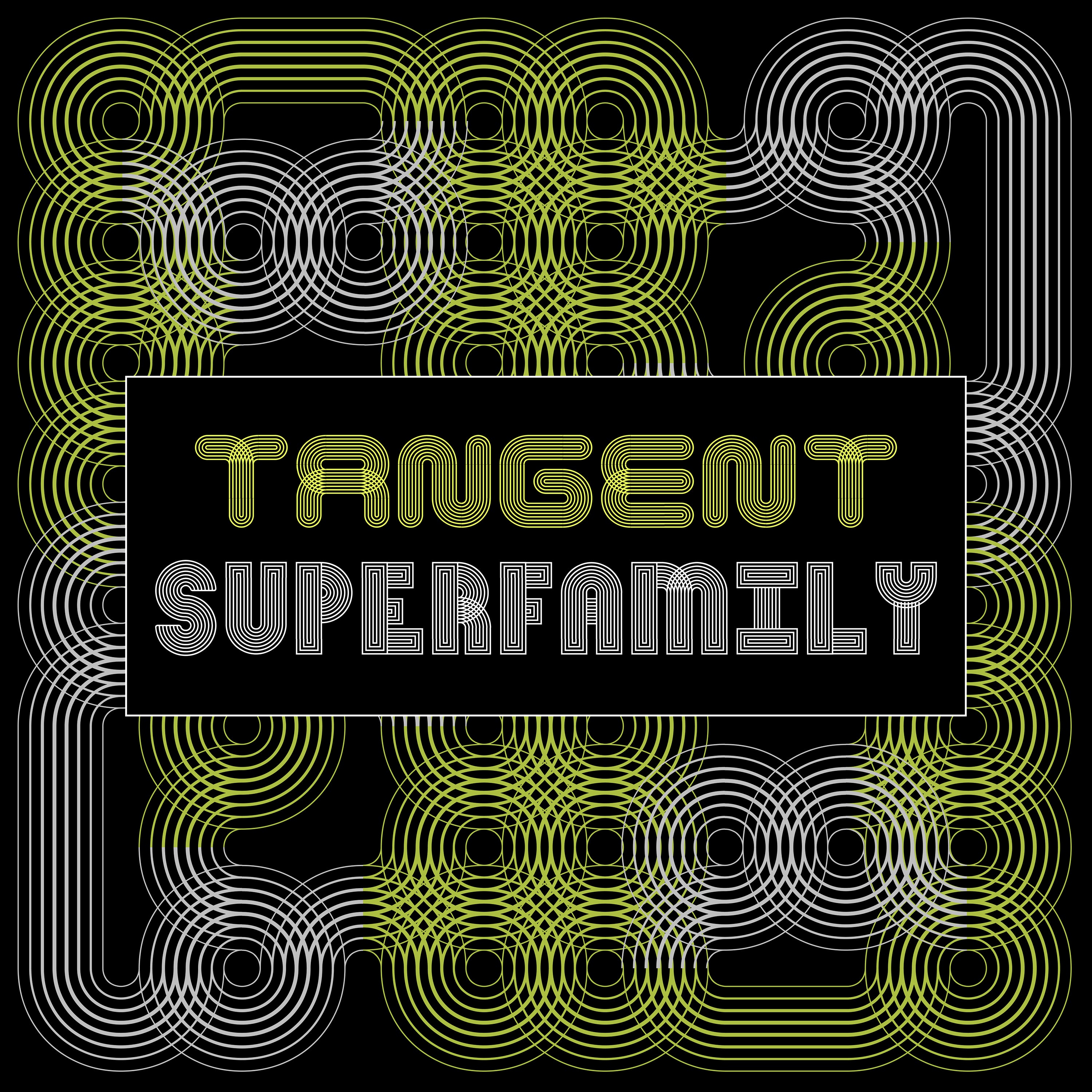 Typeface made up of many light lines twisting together. White and lime green text on a black background. Image reads Tangent Superfamily with a decorative motif made from the same type surrounding the text. All paths line up together.