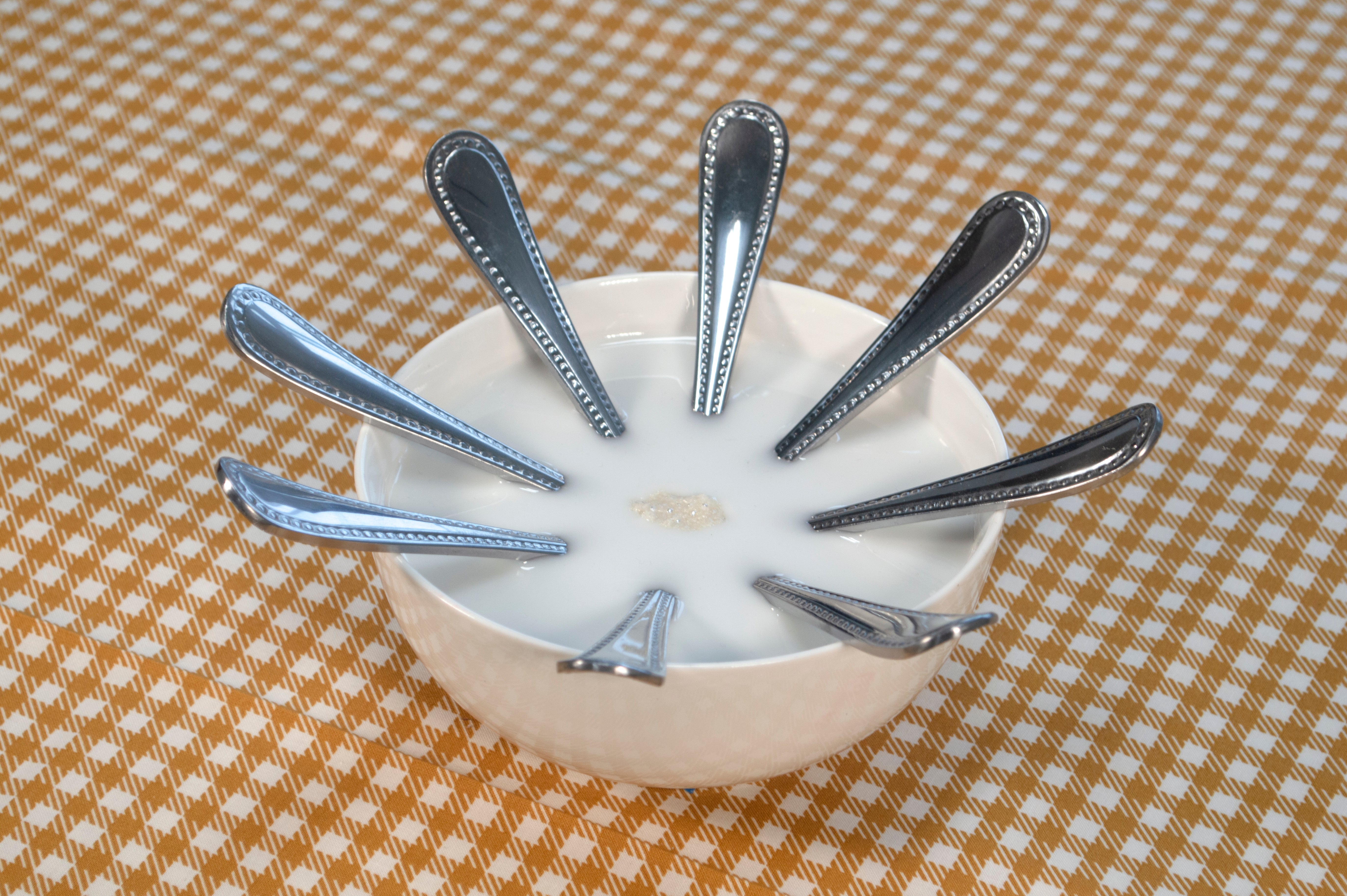 A cereal bowl with 8 spoons surrounding a single pearl-looking corn flake floating in the middle.