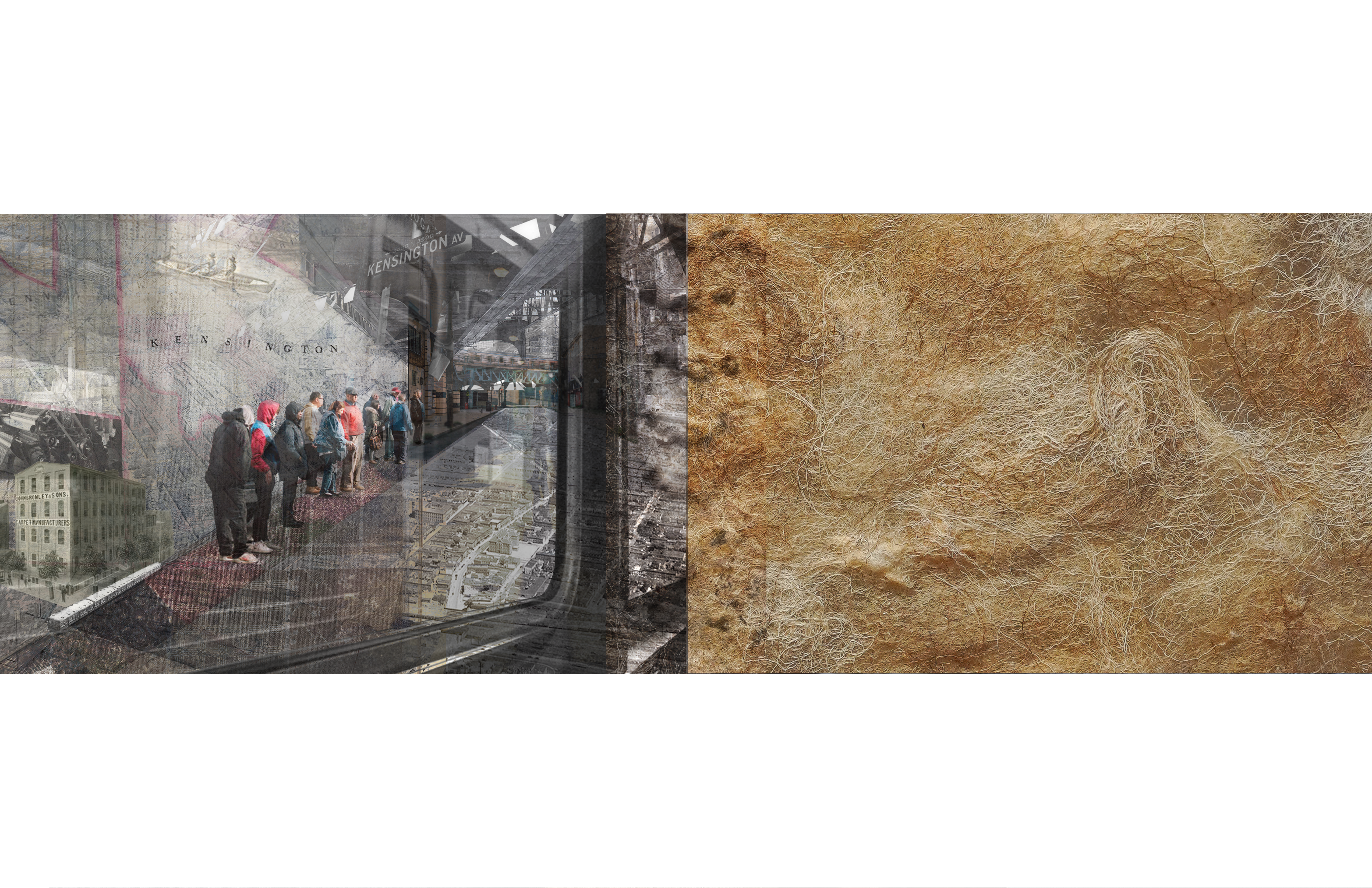 A diptych image. On the left, a layered collage of an urban train platform in Kensington, Philadelphia: a line of people stands waiting under an elevated track, overlaid with faded maps, archival photographs, and architectural textures 