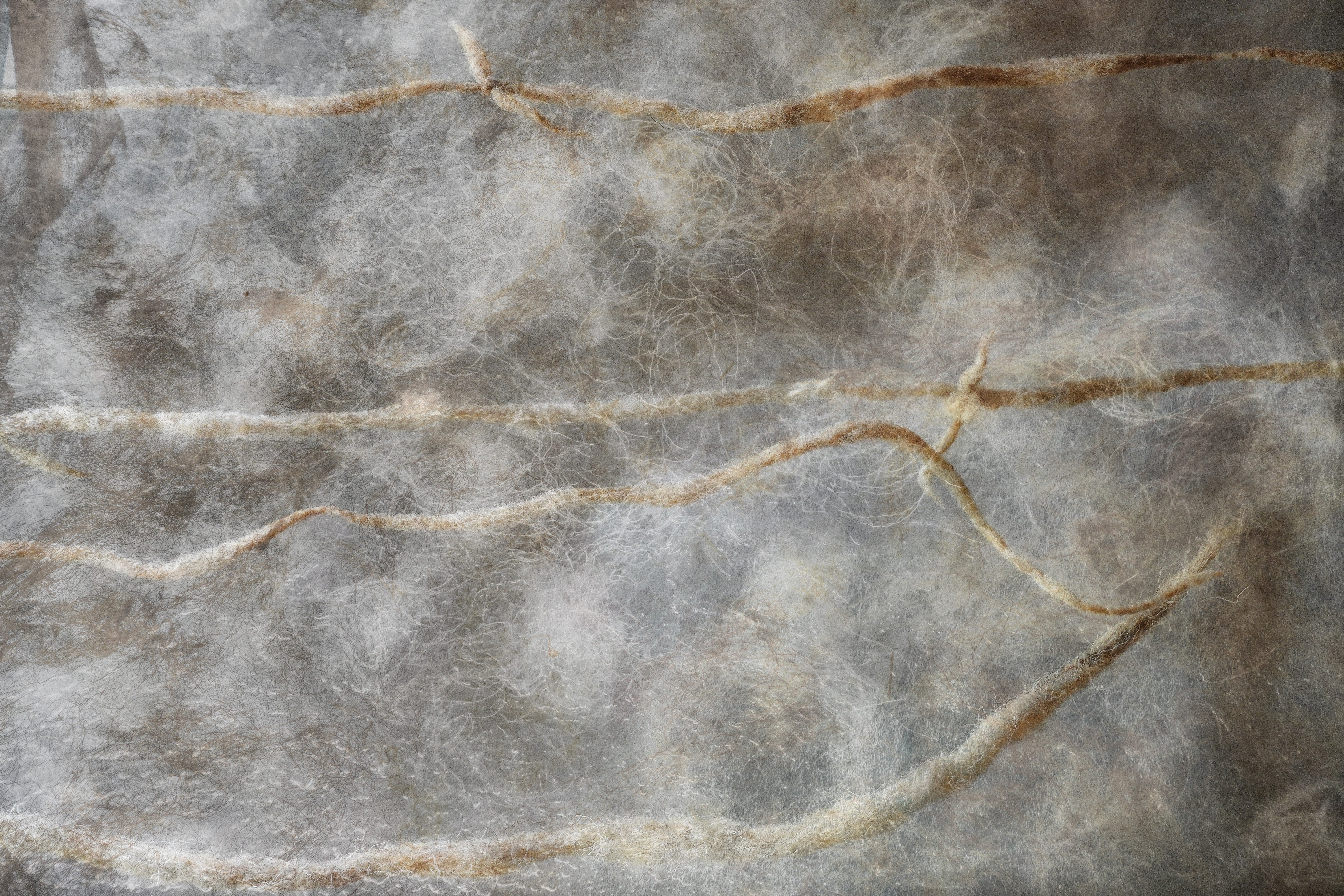 A close-up of a translucent raw wool skin with thin, irregular felted strands of fiber running horizontally across the image. The material appears soft and gauzy, with pale gray, cream, and muted brown tones.